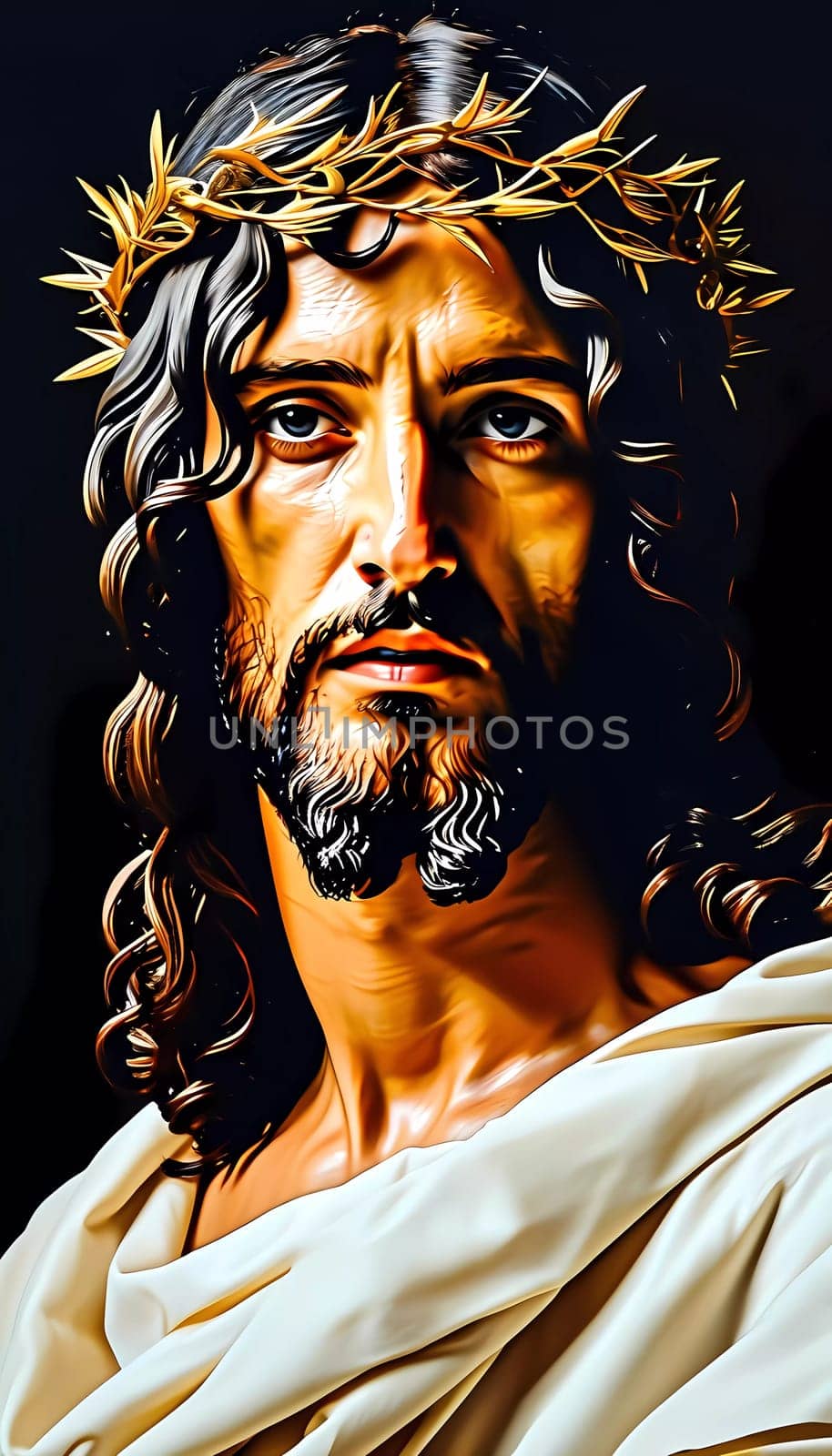 The figure of Jesus Christ captivates with his profound gaze, adorned with a crown of thorns against a dark background, embodying strength and compassion.