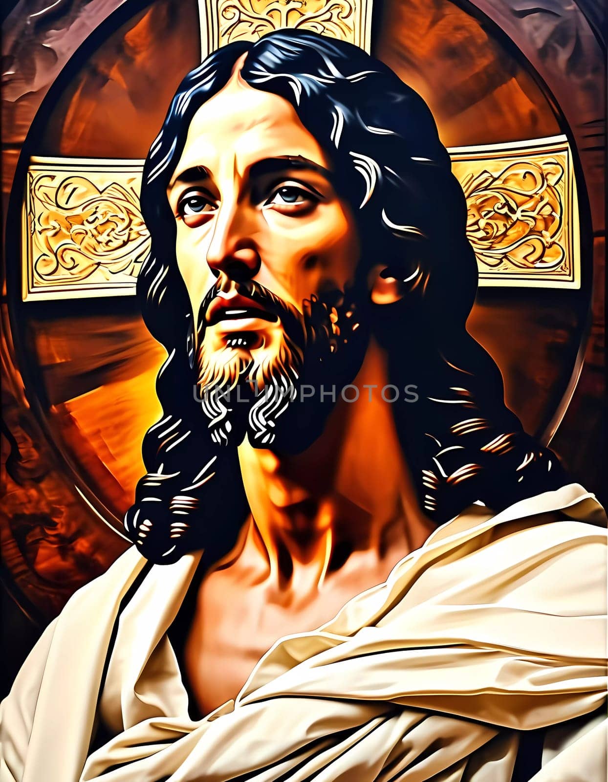 A figure of Jesus Christ exudes compassion and wisdom, set against intricate details that create a sacred atmosphere filled with divine light.