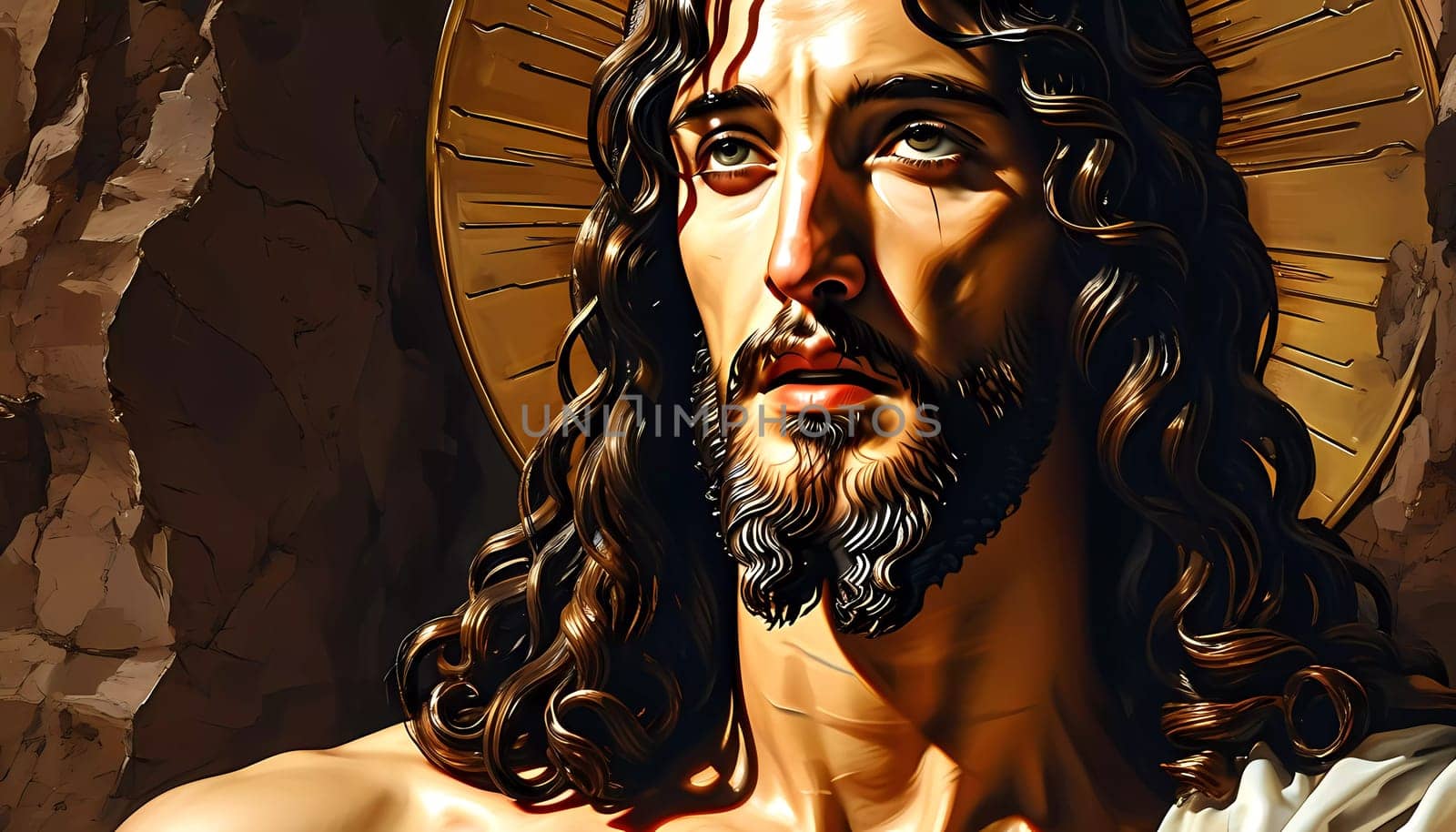 A figure of Jesus Christ stands in a tranquil setting, bathed in warm, divine light. His expression radiates peace and wisdom, captivating souls with profound inspiration.