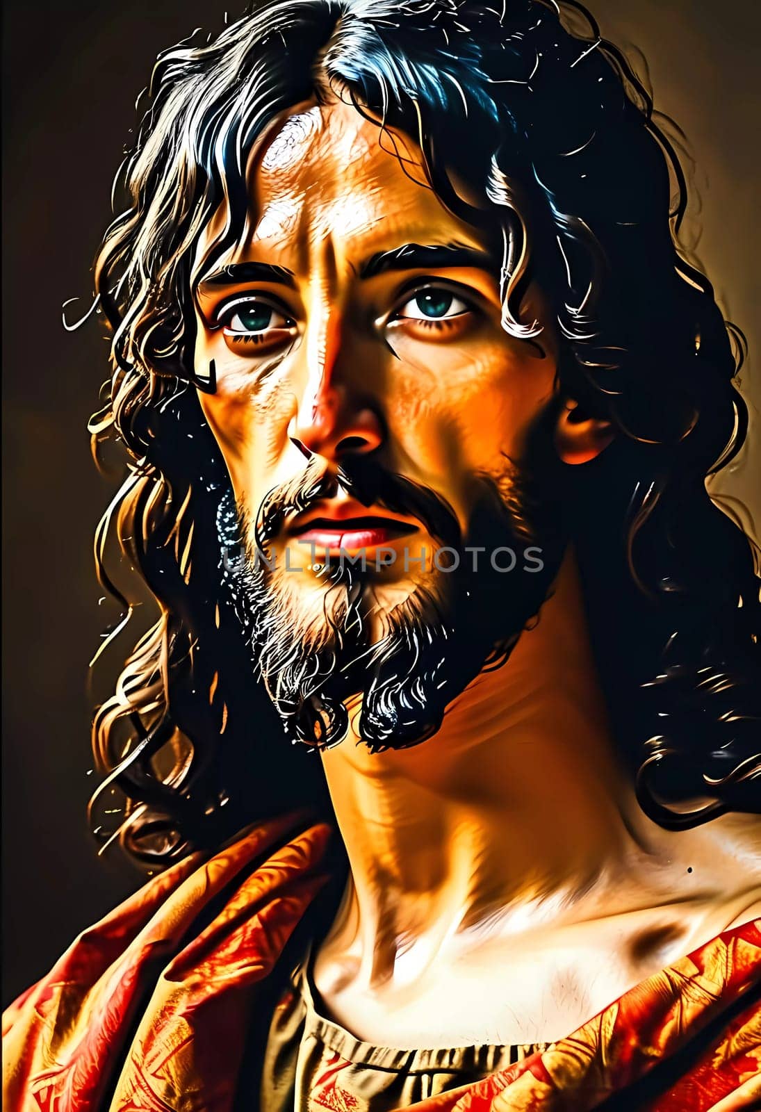 Capturing the essence of Jesus Christ, the artwork showcases his thoughtful gaze and serene expression, surrounded by a warm ambiance that evokes peace and spirituality.