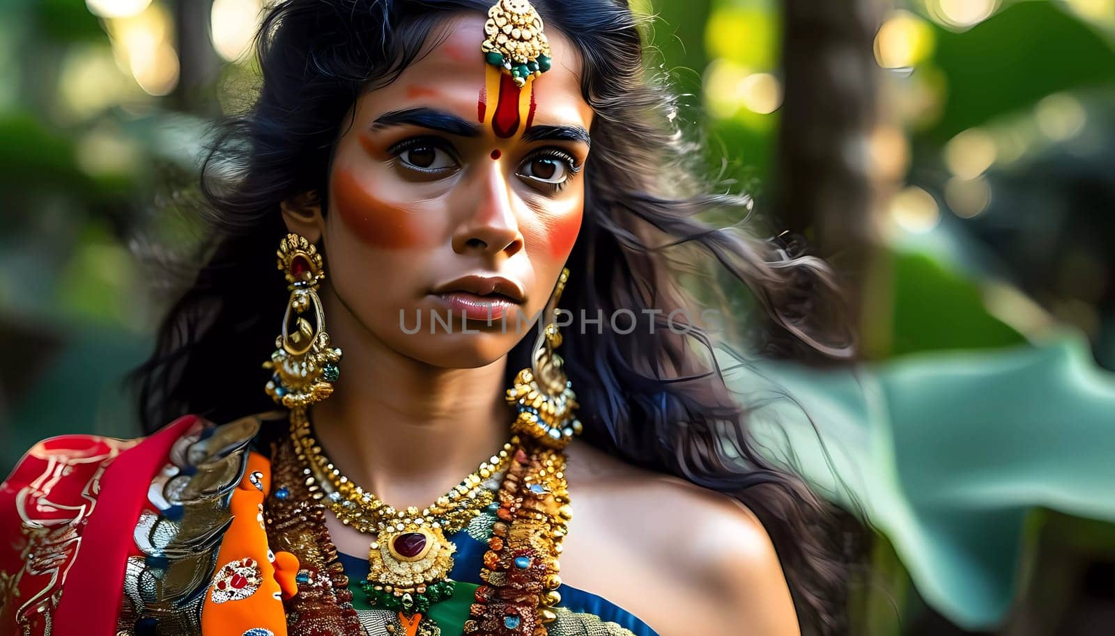 A young person radiates traditional elegance in colorful clothing and intricate jewelry, set against a vibrant green backdrop that reflects cultural celebration.