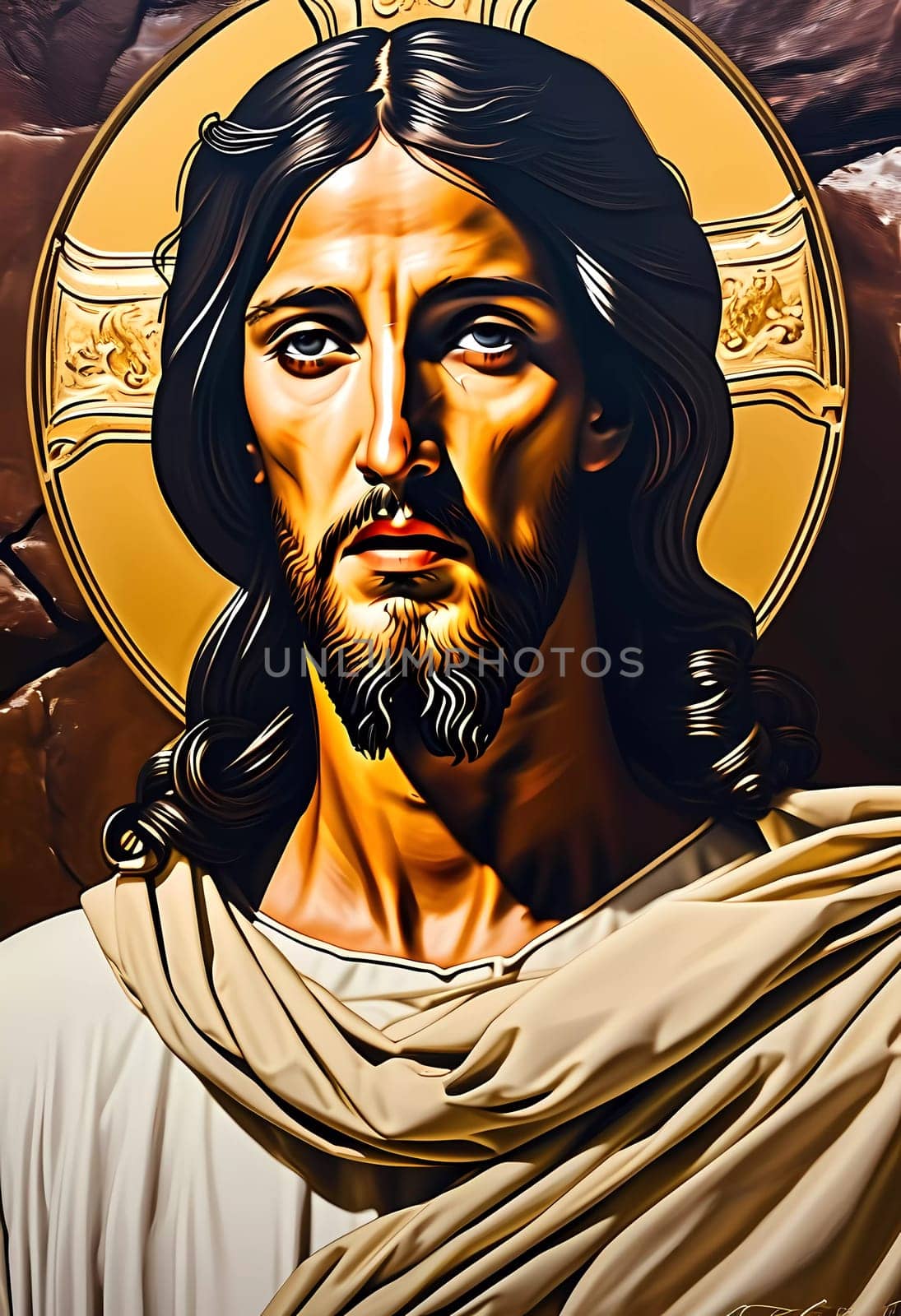 A representation of Jesus Christ, featuring a thoughtful expression and a radiant halo, stands against a backdrop of warm, glowing hues reminiscent of sunset, symbolizing hope and love.