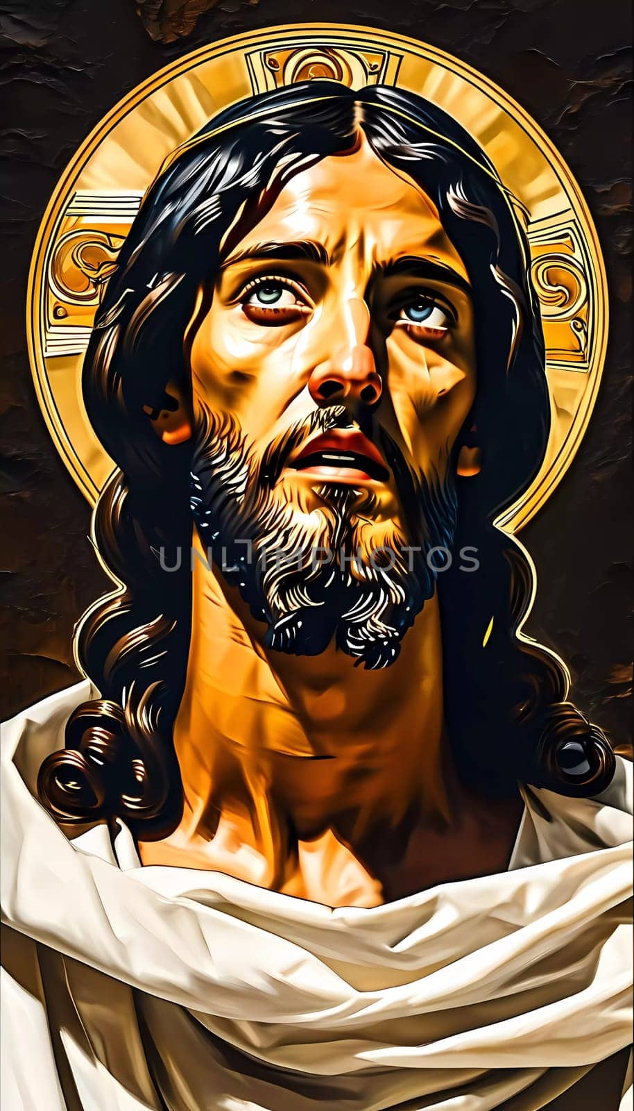 With gentle radiance, Jesus Christ gazes upward, surrounded by a golden aura. His expression conveys profound contemplation and spiritual insight in a tranquil setting.