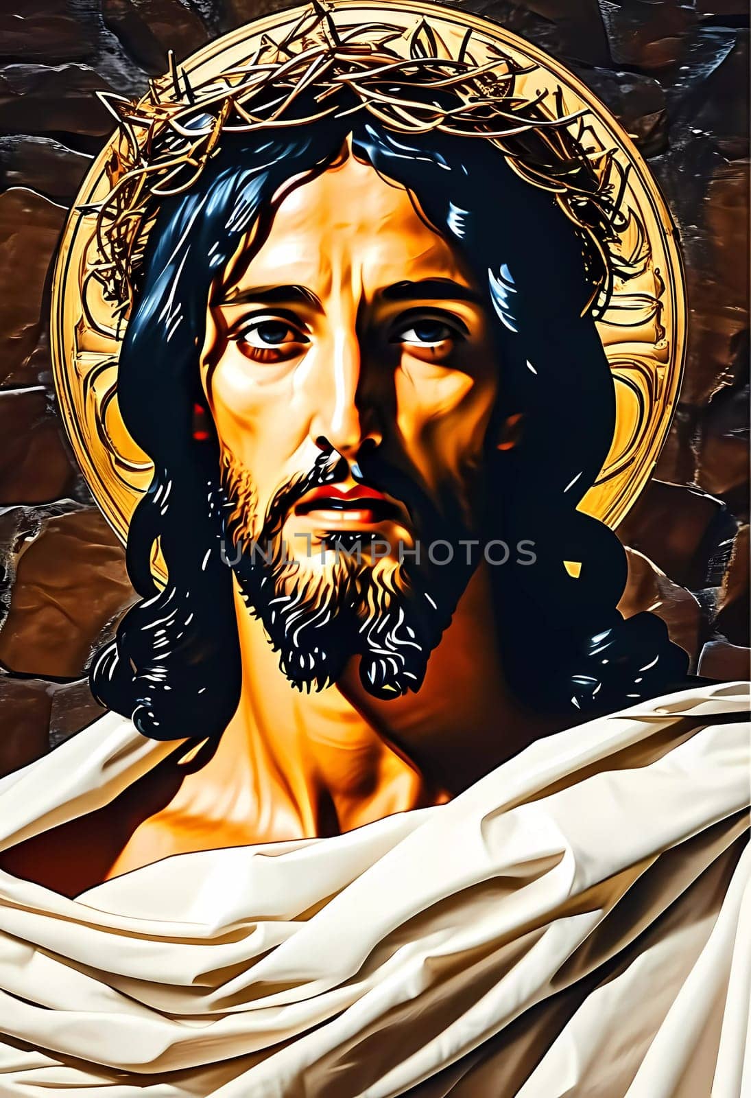 A striking image of Jesus Christ with flowing hair and a crown of thorns, exuding a serene presence bathed in golden light, symbolizing hope and faith in a timeless setting.