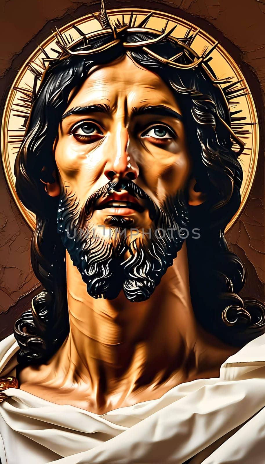 A captivating representation of Jesus Christ showcases his thoughtful gaze and detailed features, surrounded by an aura of spirituality in a serene atmosphere.