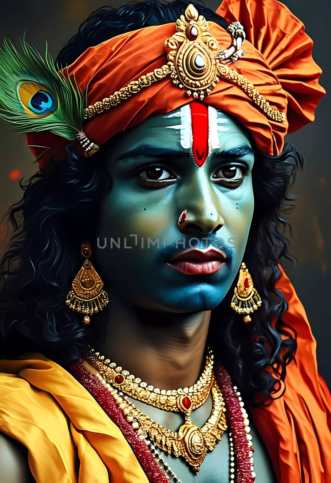 With striking blue skin and adorned in vibrant garments, a divine figure exudes grace and wisdom, symbolizing love and compassion in a mystical setting of colors.