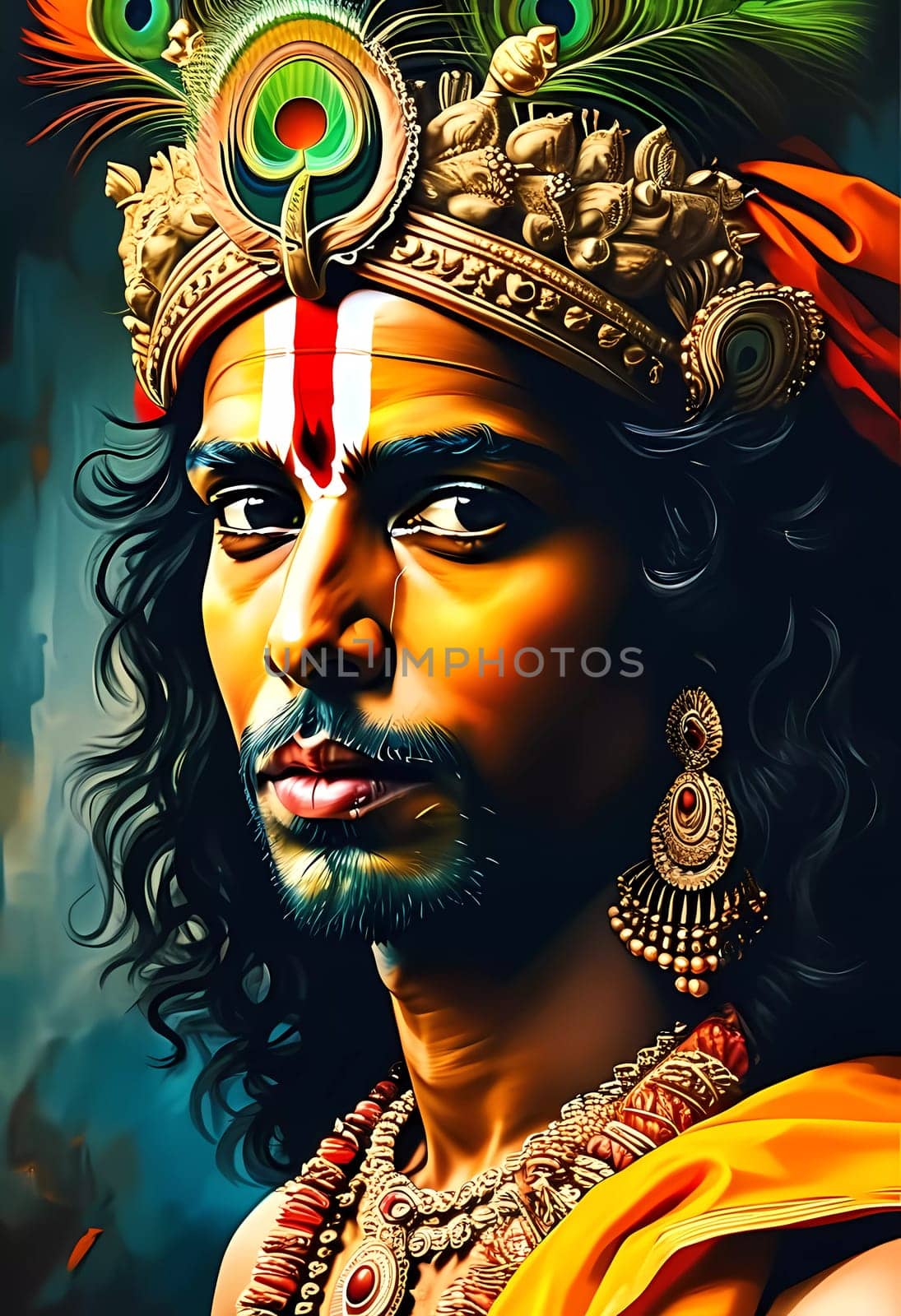 In this captivating portrayal, the embodiment of Lord Krishna radiates love and wisdom, adorned with ornate jewelry and a peacock feather crown, surrounded by a mystical aura.