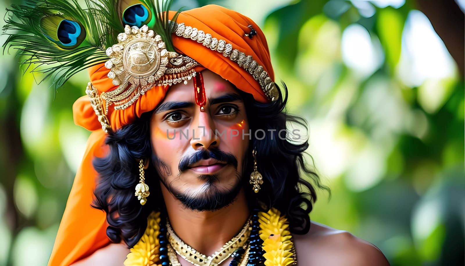 Radiating compassion and wisdom, a young man adorned in traditional attire represents Lord Krishna, surrounded by lush greenery, evoking the divine spirit of love and joy.