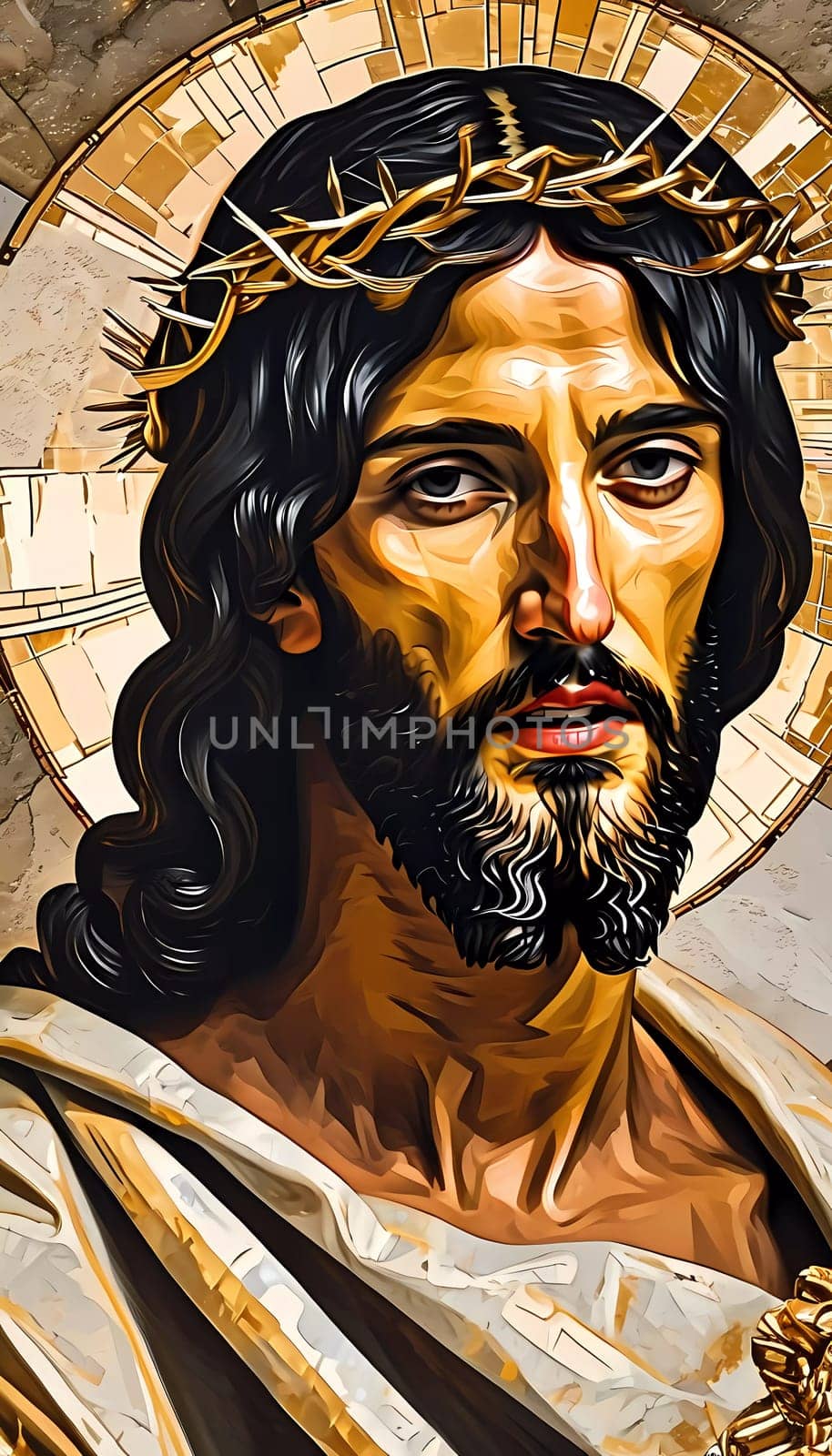 A captivating portrayal of Jesus Christ, showcasing His serene expression and a radiant golden halo.