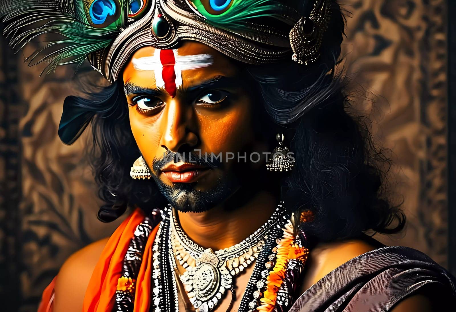A charismatic figure dressed in traditional attire signifies Lord Krishna, exuding an aura of love and wisdom.