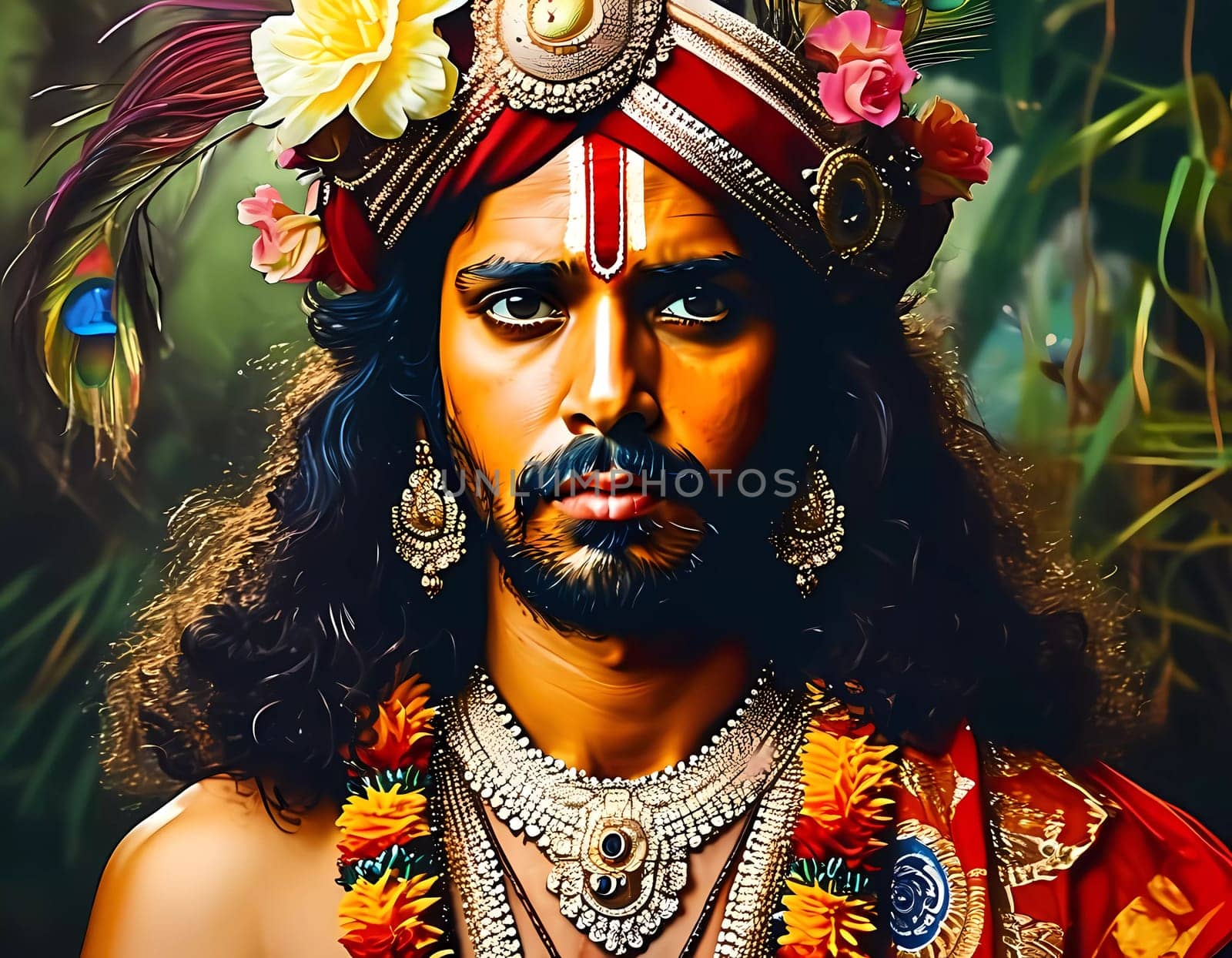 Lord Krishna, adorned with vibrant flowers and intricate jewelry, stands gracefully surrounded by lush greenery, embodying love, compassion, and wisdom during a sacred celebration.