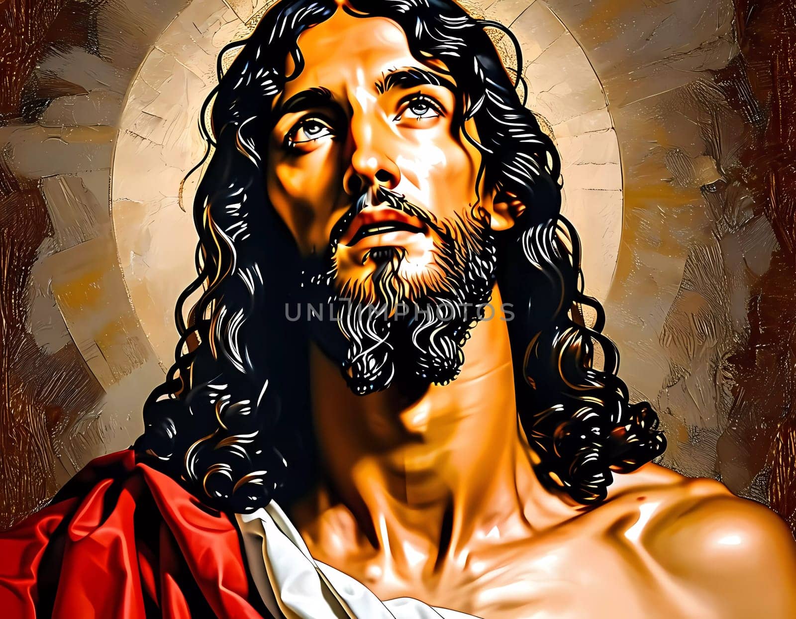 A powerful representation showcases Jesus Christ with a focused gaze, emphasizing his divine nature.