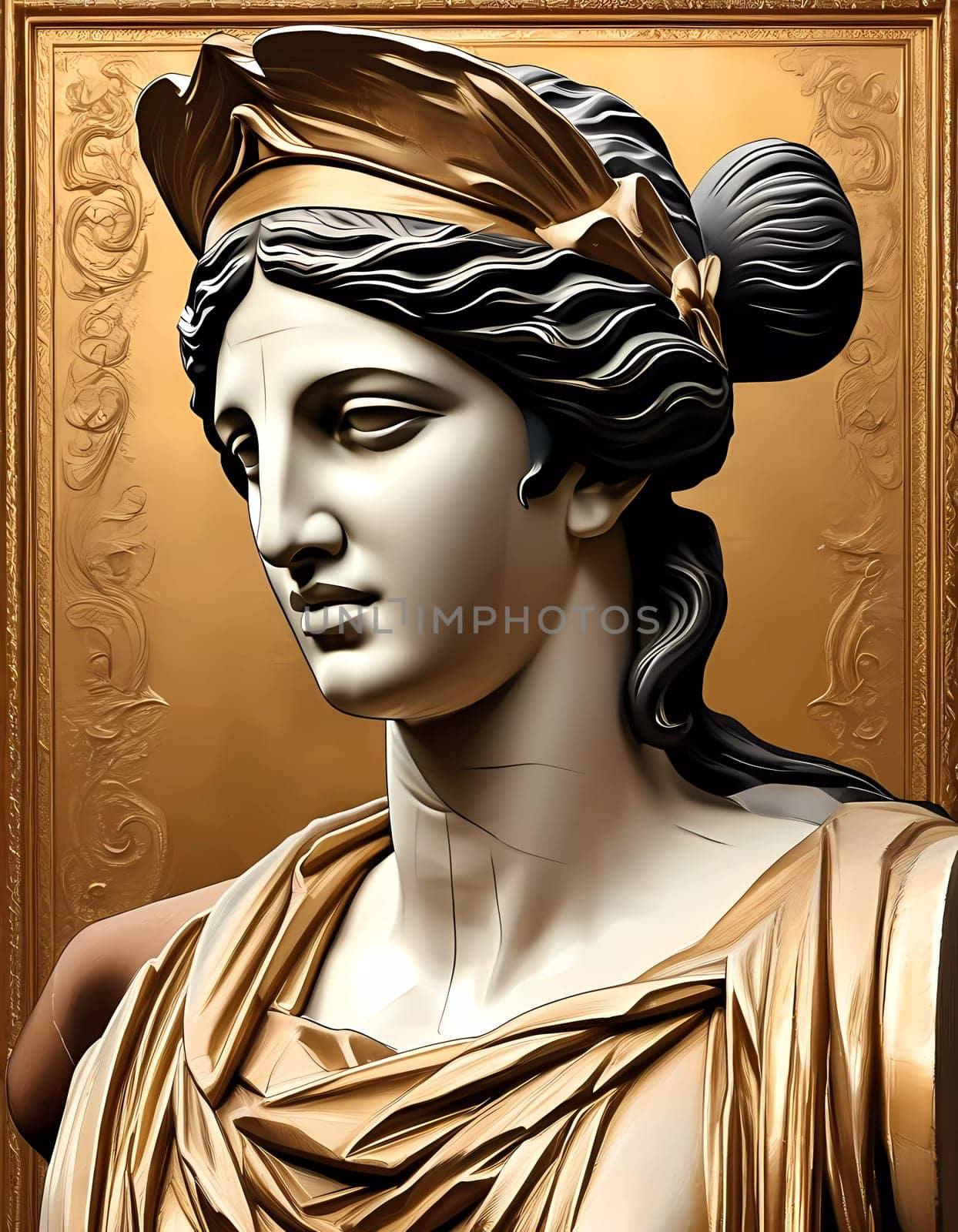 Aphrodite, embodying love and beauty, is depicted in an exquisite sculpture highlighted by golden tones and intricate designs. Her serene expression captivates with elegance.