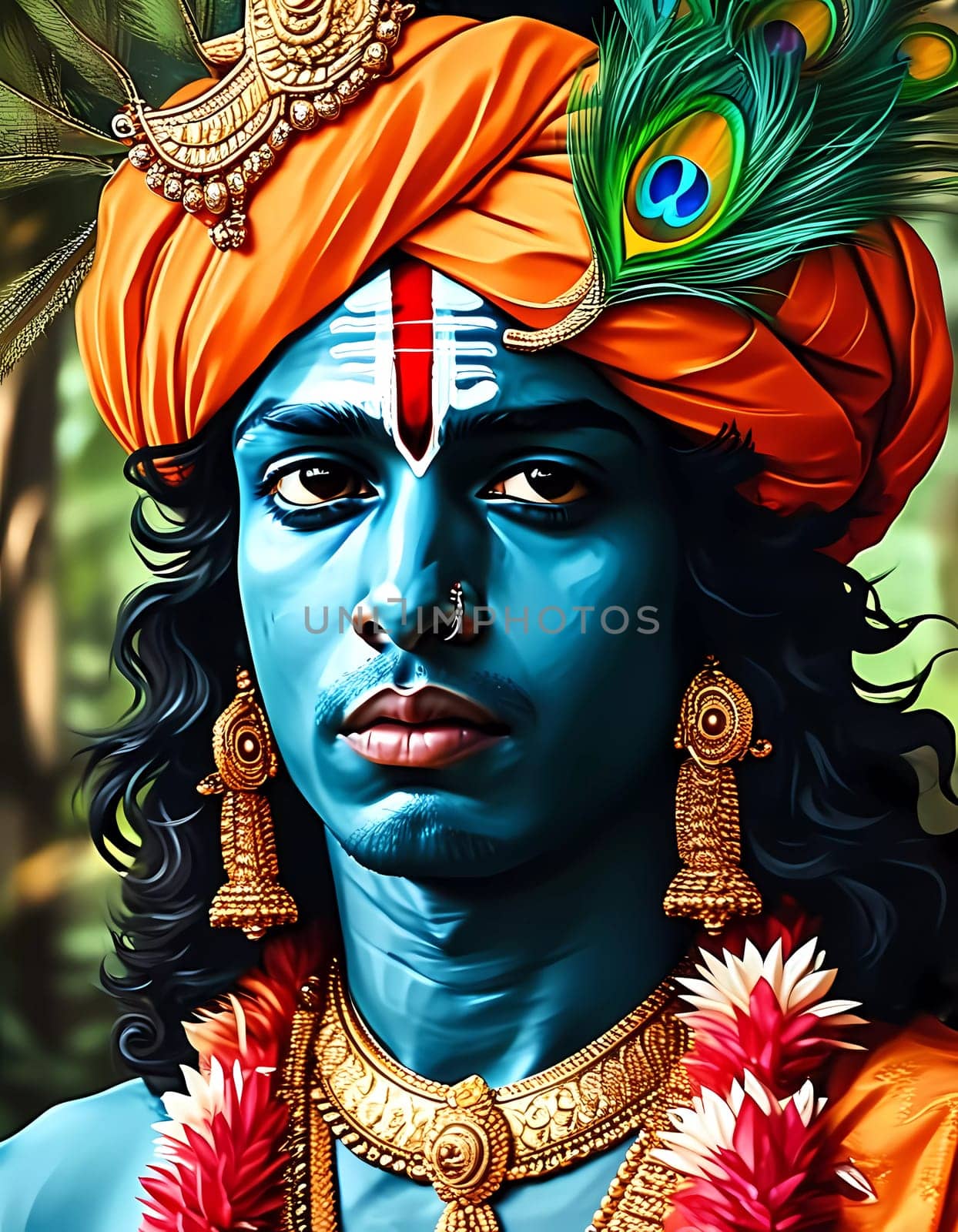 In a lush forest backdrop, a figure adorned with traditional attire embodies Lord Krishna, exuding love, compassion, and wisdom, captivating all who behold him.