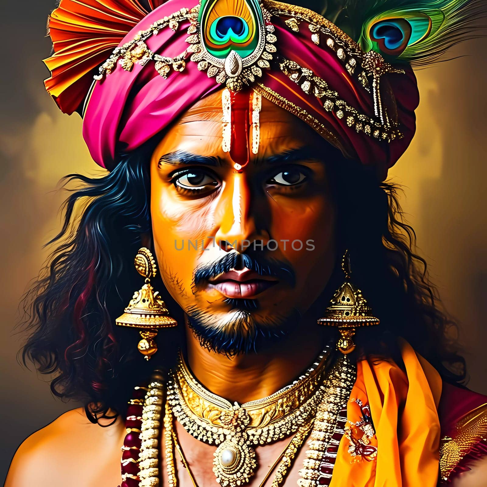 Capturing a moment filled with devotion and compassion, a figure embodies Lord Krishna, adorned in intricate jewelry and vivid clothing, exuding wisdom and grace in a serene setting.