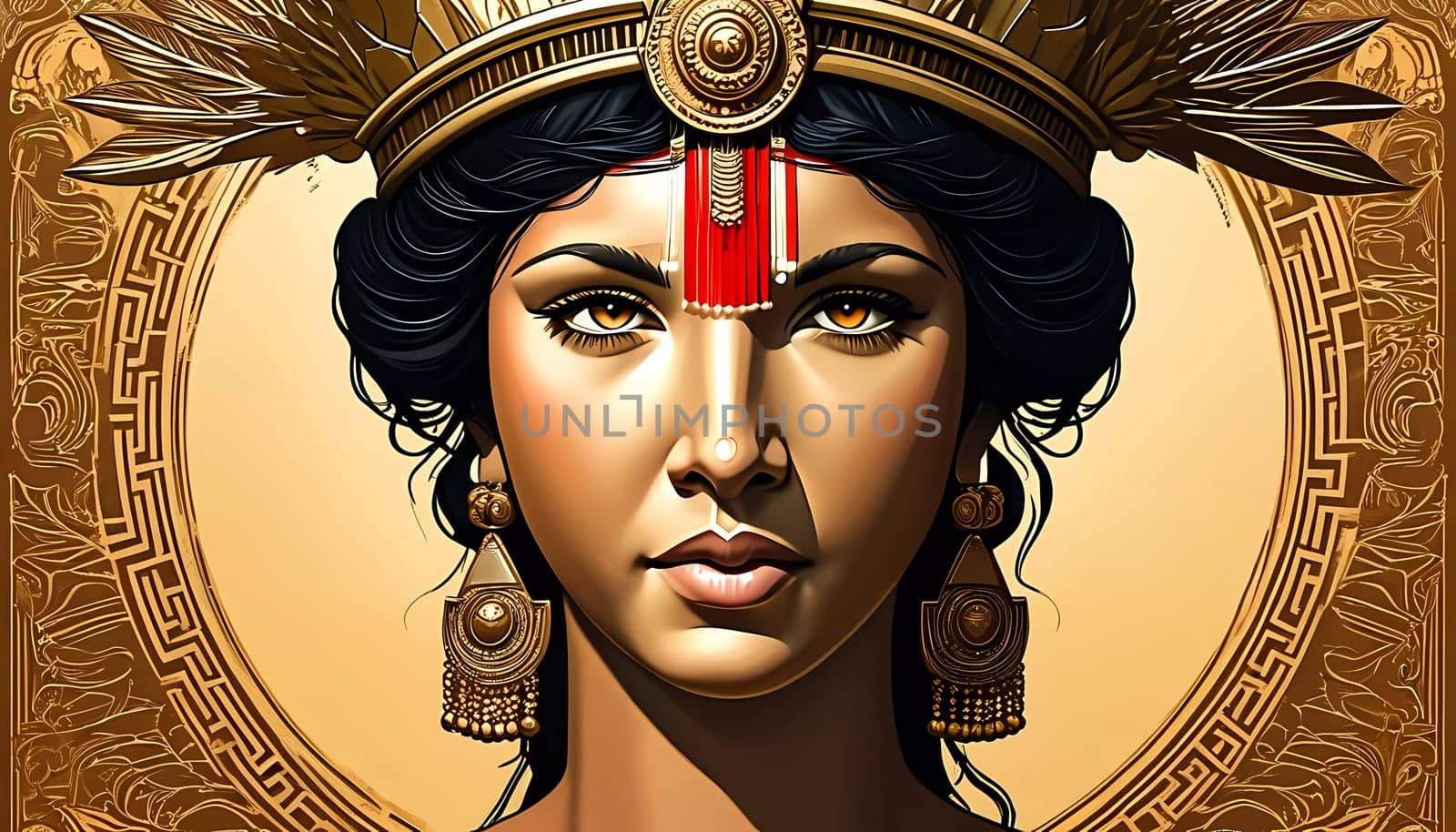 Goddess Aphrodite shines with radiant beauty, crowned with golden ornaments. Her enchanting gaze captivates the viewer, showcasing love and divine energy in a timeless setting.