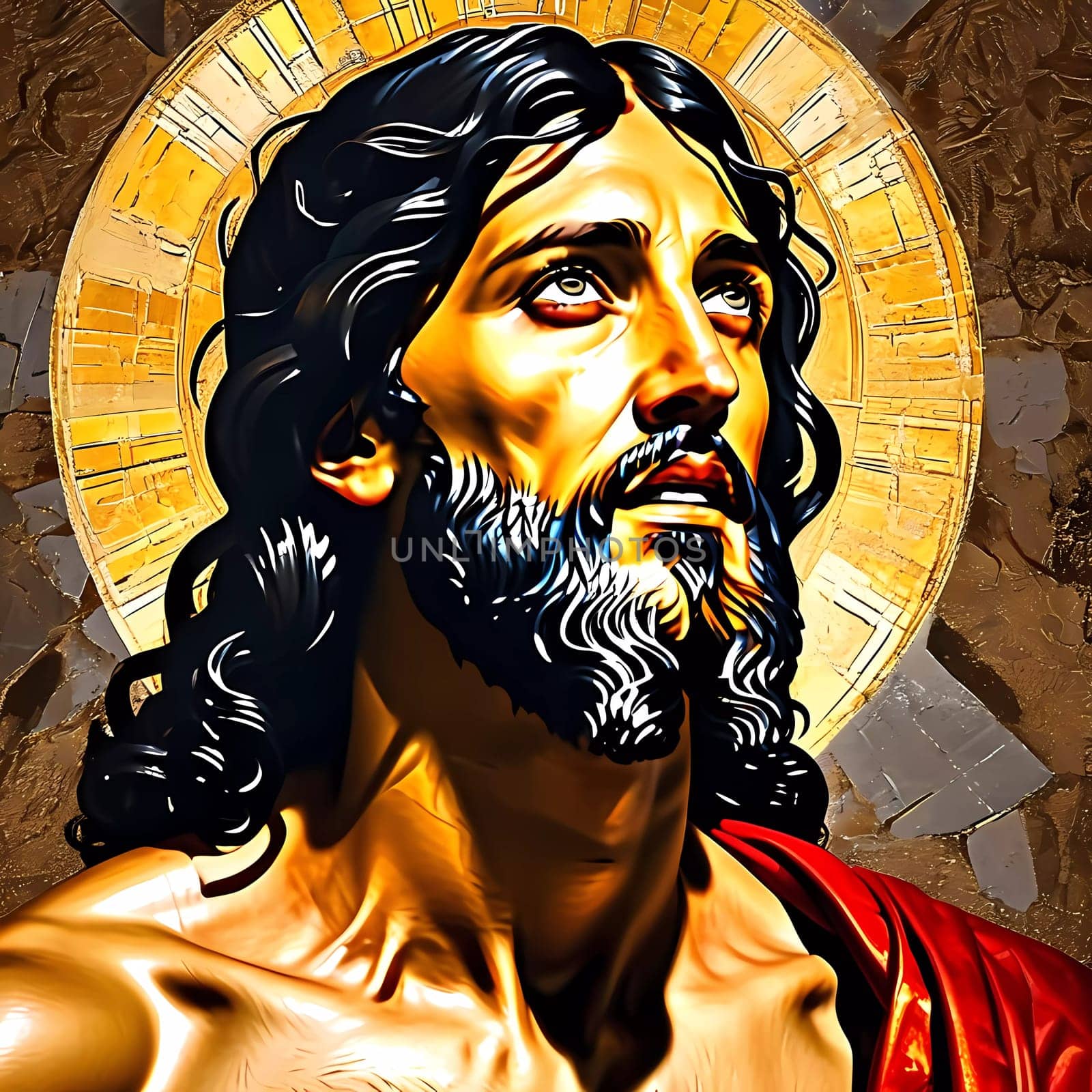 A captivating figure of Jesus Christ emerges with detailed facial features and flowing hair, bathed in golden light that enhances the sense of divinity and peace within a holy context.