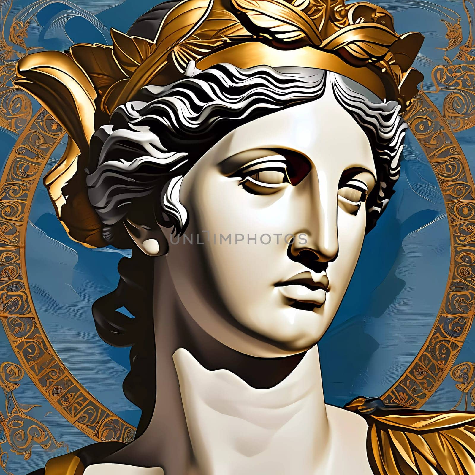 Amidst a backdrop of vibrant blues, an exquisite depiction of Aphrodite stands with serene grace, embodying love and beauty through intricate detailing and rich colors.