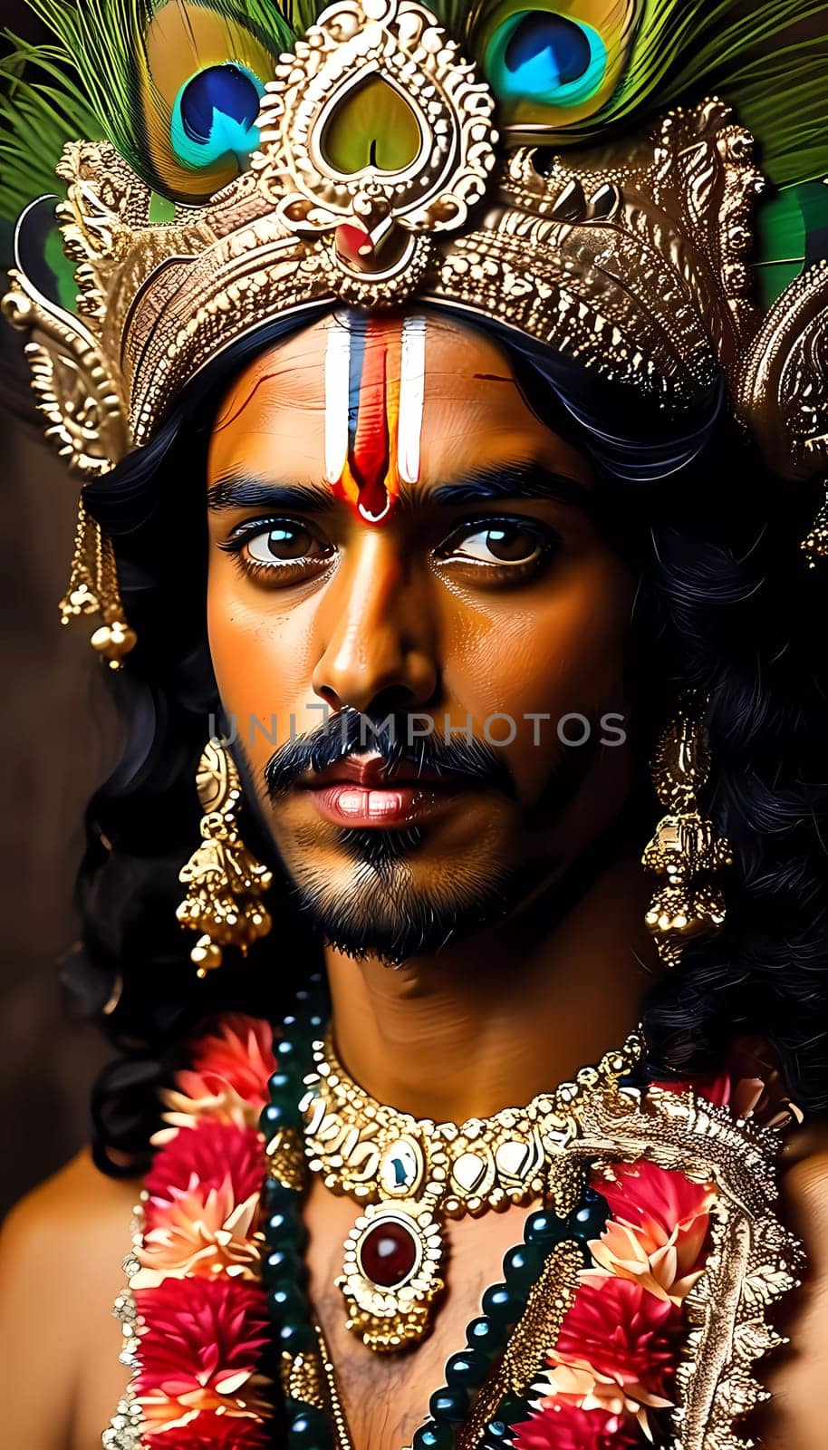 A captivating depiction of Lord Krishna, showcasing love and compassion through ornate jewelry, vibrant attire, and an expressive vision that brings ancient wisdom to life.
