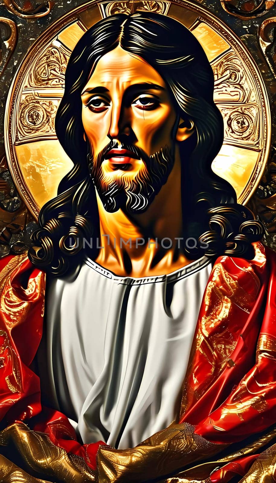 An artistic representation of Jesus Christ showcases his solemn expression, surrounded by a radiant golden halo.