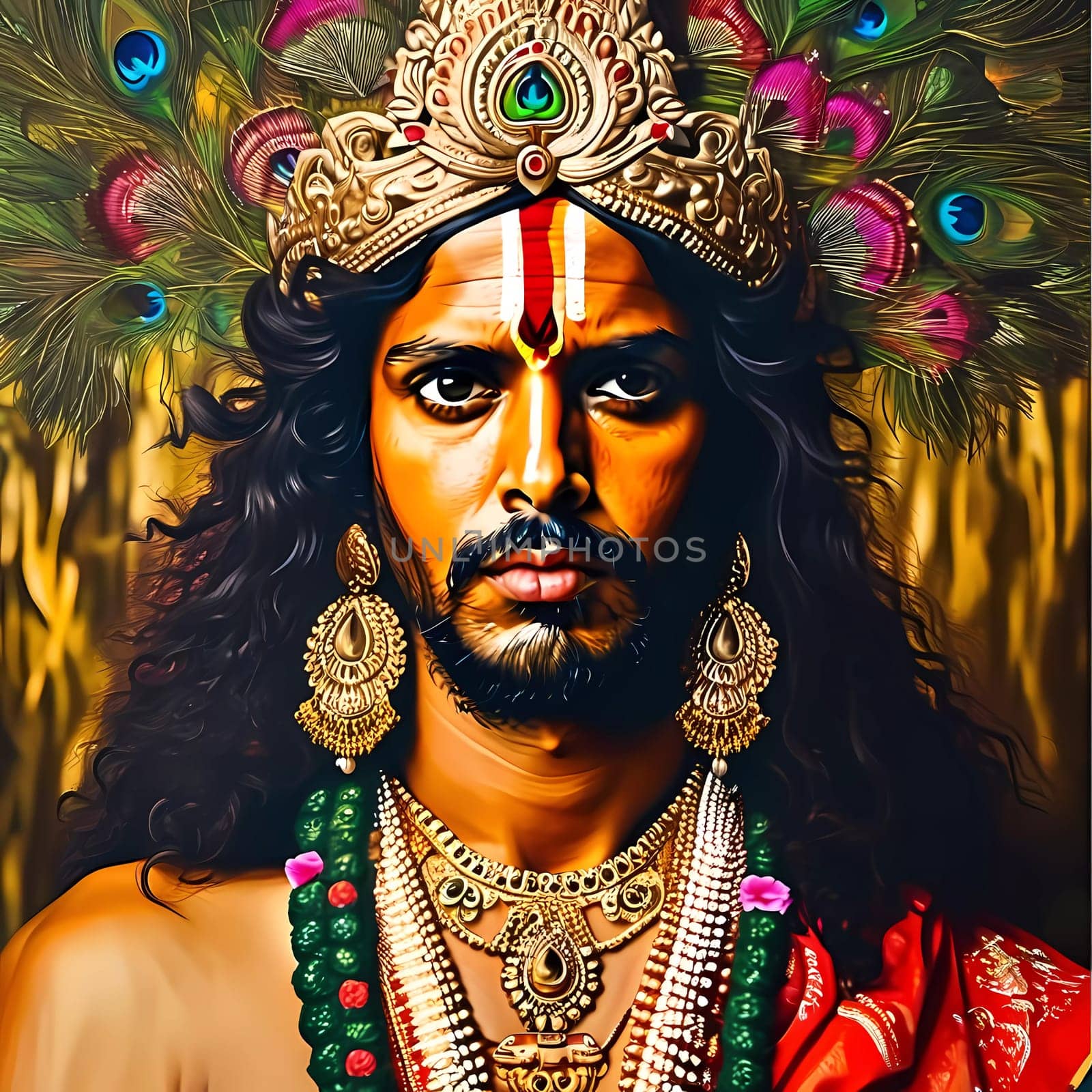 In a lush and colorful setting filled with peacock feathers, Lord Krishna radiates love and wisdom, embodying divine compassion through his enchanting gaze and regal attire.