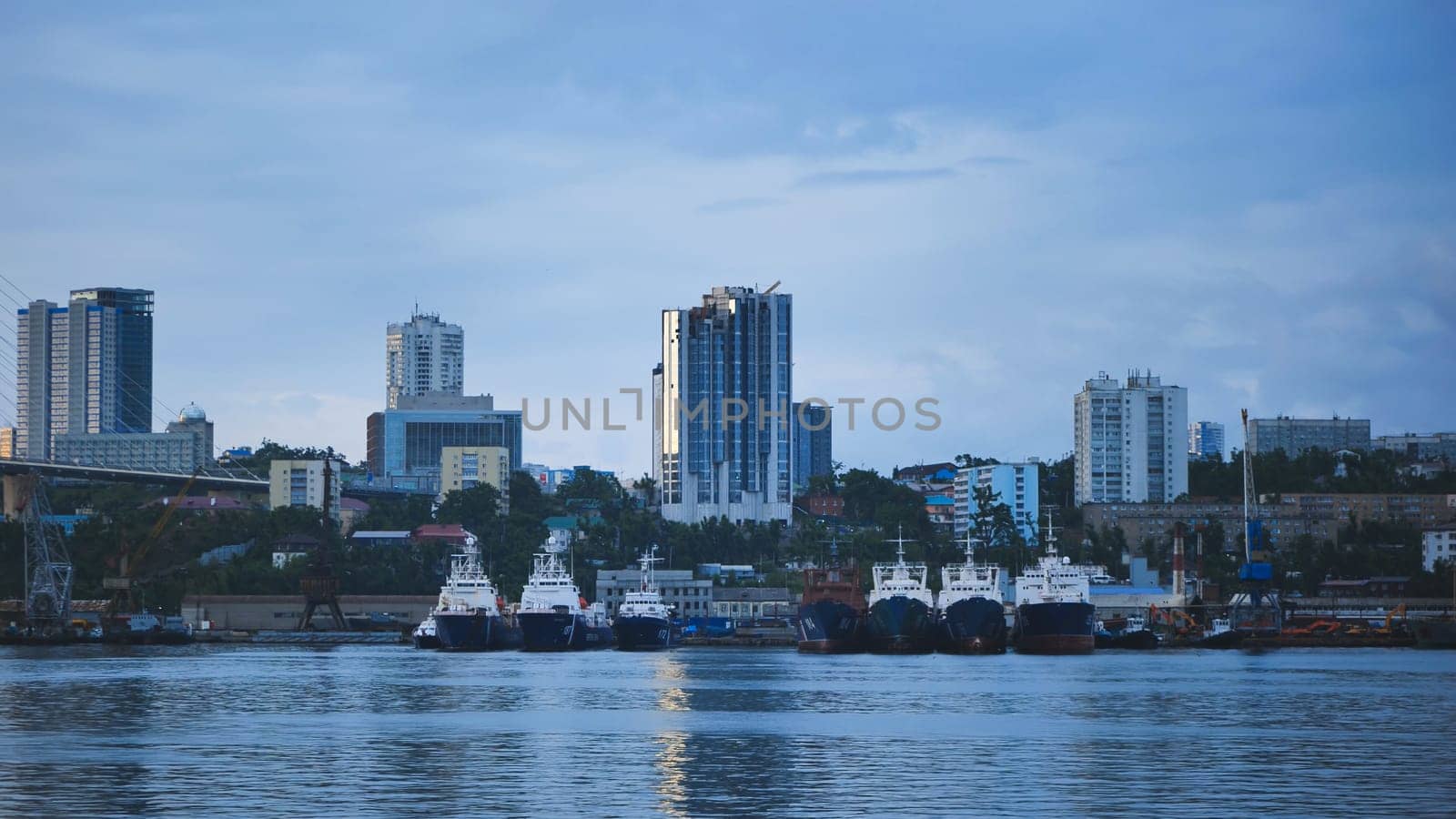 Cargo ships moored in vladivostok commercial seaport with cityscape and golden bridge in background under cloudy sky