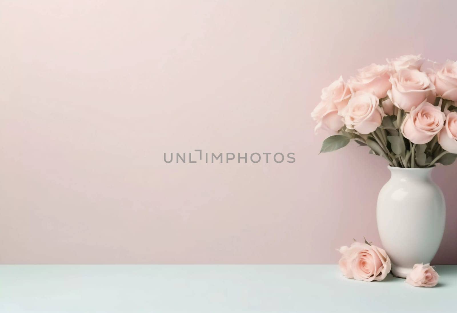 Delicate pink roses in a white vase bring a touch of romance and tranquility, creating an inviting atmosphere perfect for celebrations or intimate moments.