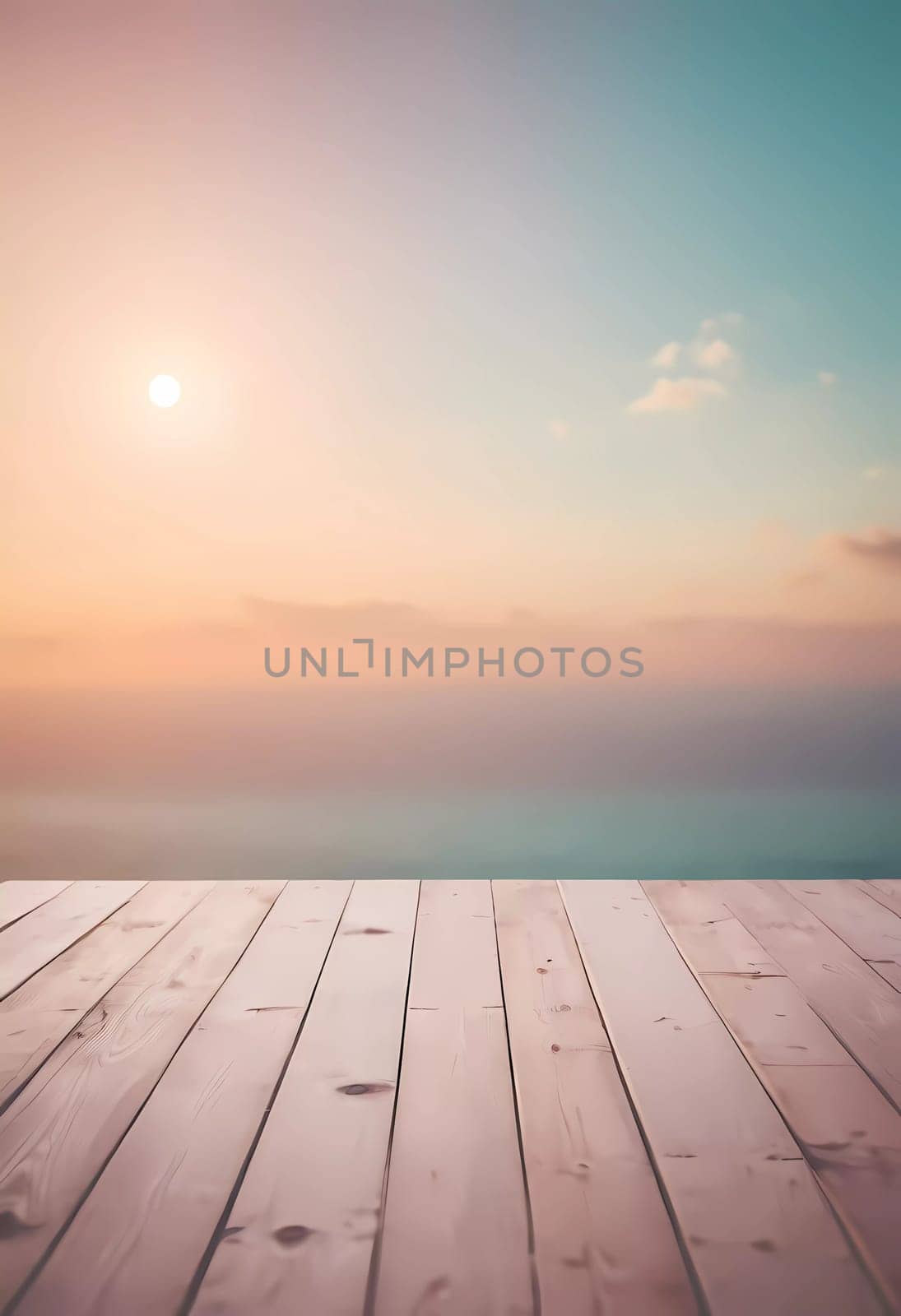 A tranquil wooden deck stretches out towards a pastel sky illuminated by the soft morning sun. The serene atmosphere invites calm reflection and creativity as the day begins.