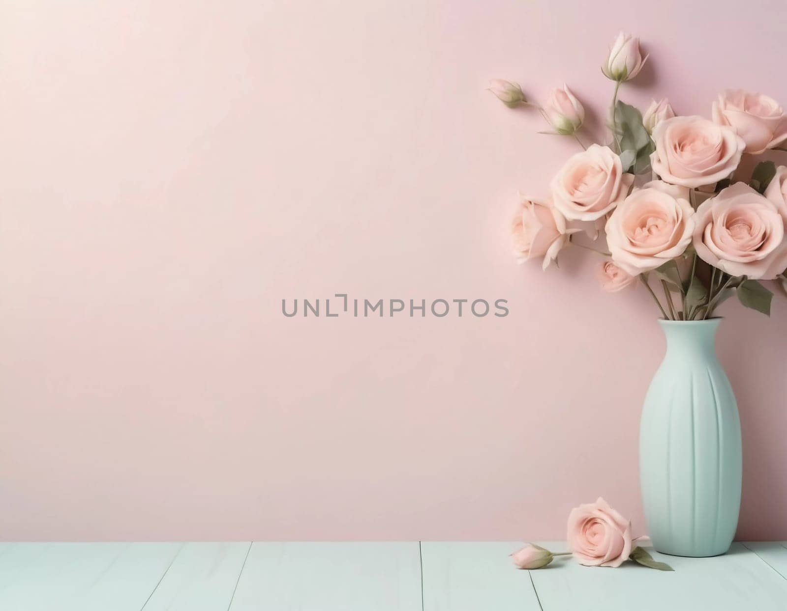 Delicate pastel roses gracefully arranged in a mint green vase rest on a tranquil table.