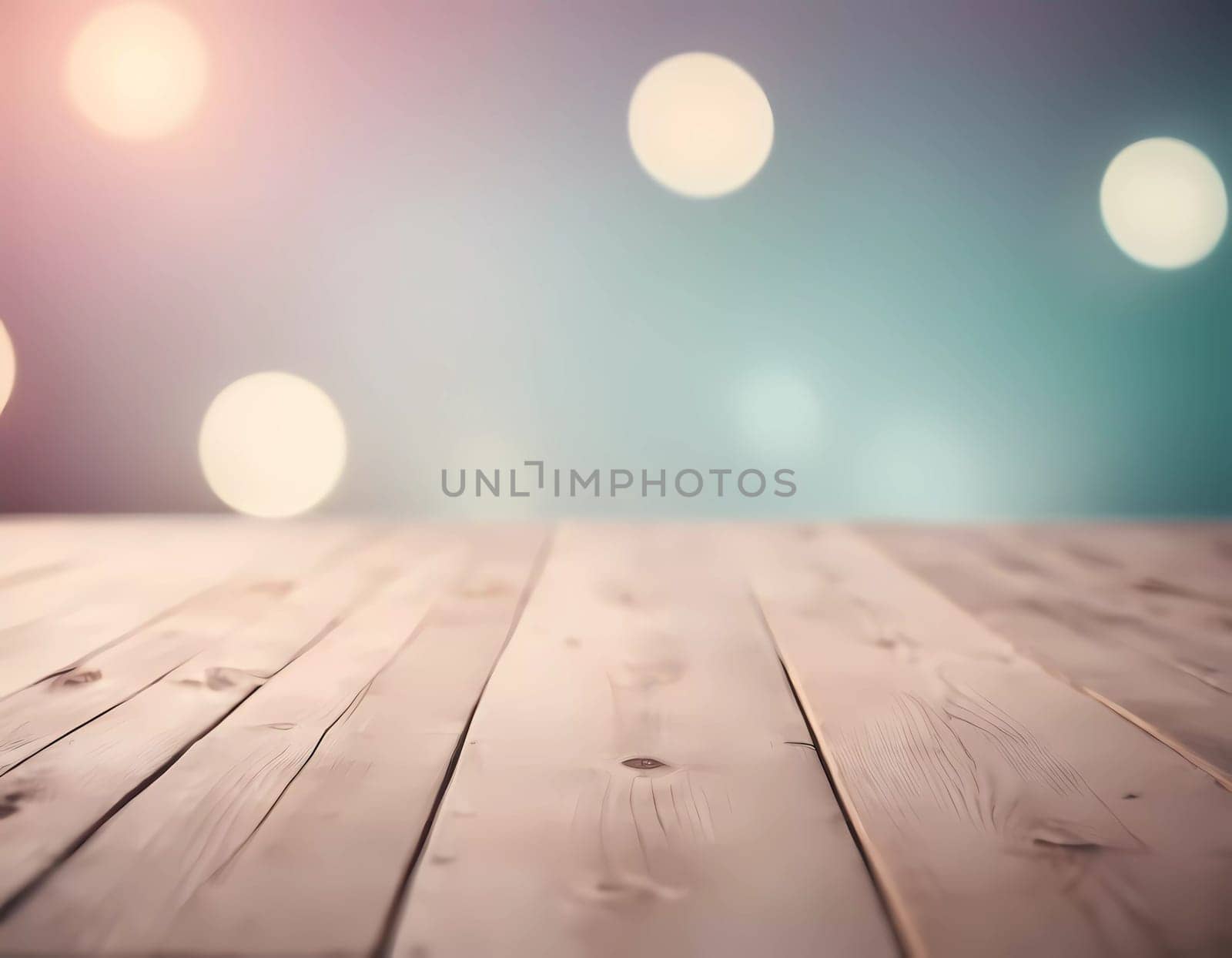 Soft pastel wood flooring stretches beneath a dreamy bokeh backdrop, inviting calmness and creativity, perfect for artistic inspiration and serene moments.