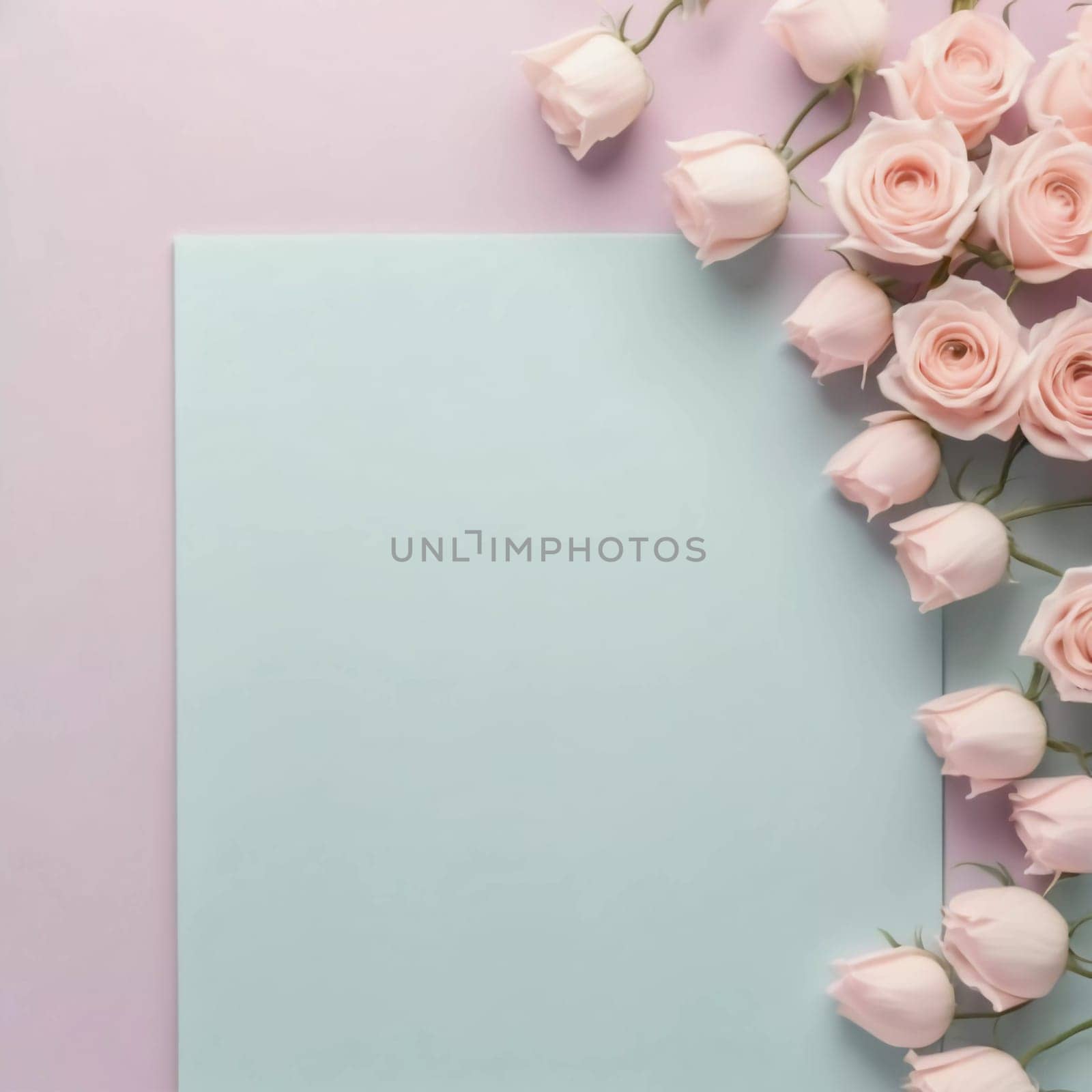 Soft pastel roses elegantly frame a blank card space against a light pink background, inviting personal notes or artistic expressions in a tranquil setting.