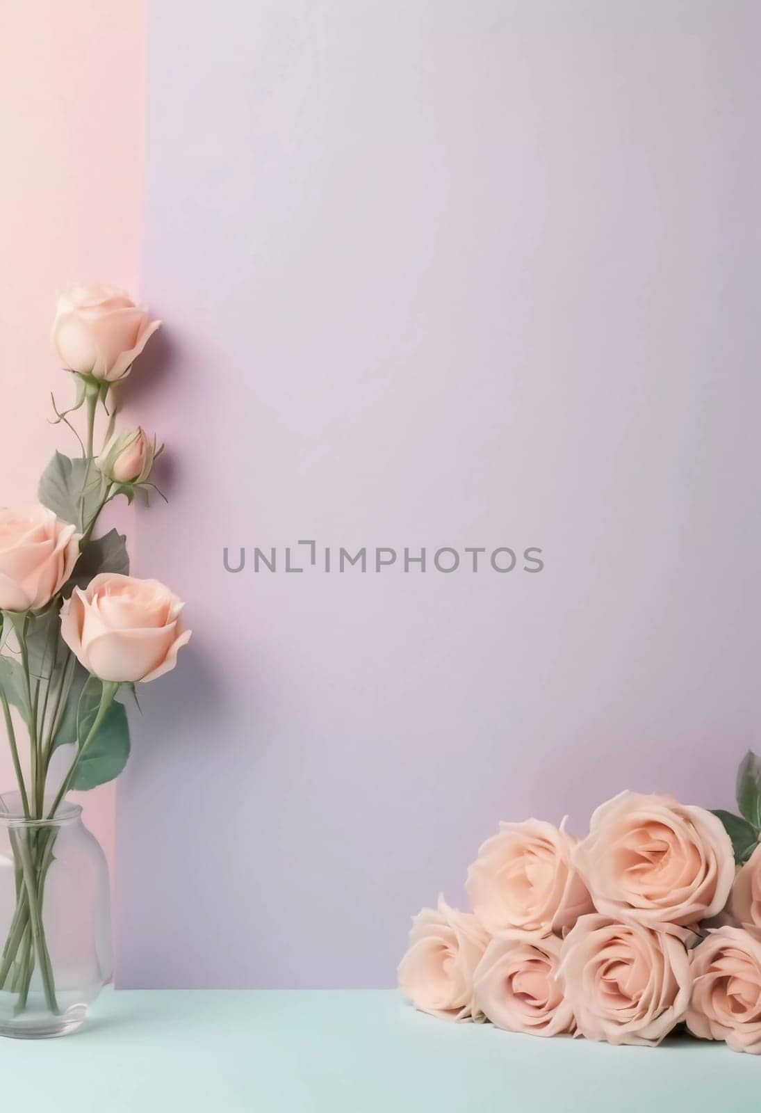 Delicate pastel roses stand gracefully in a glass vase, surrounded by a calming blush and lavender backdrop, inviting creativity and heartfelt notes.