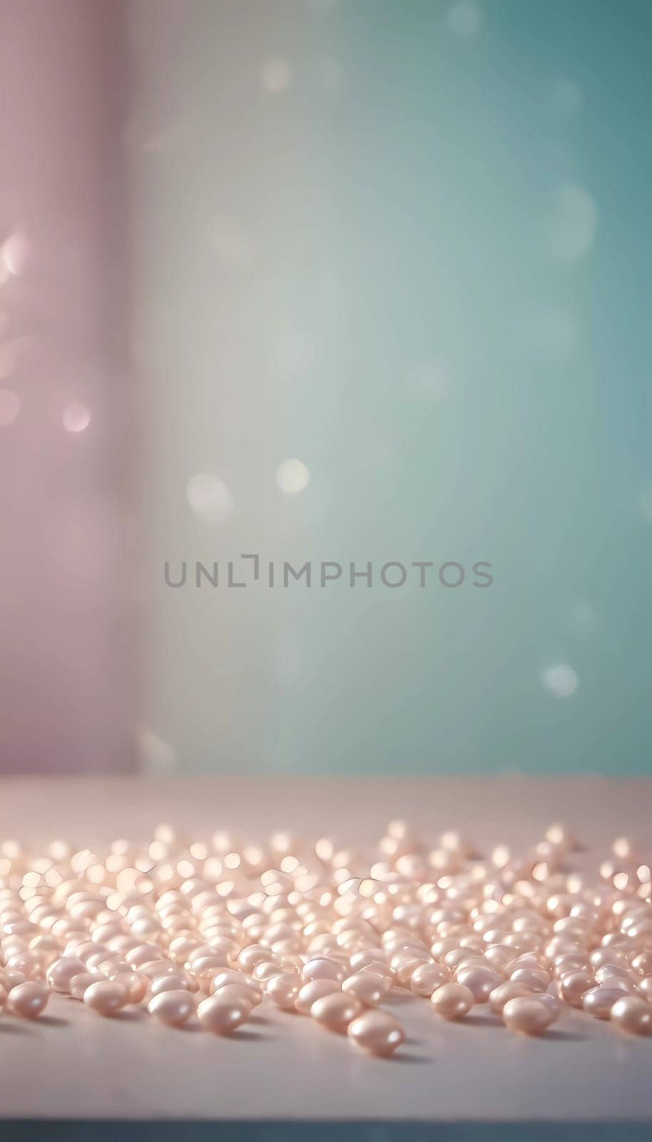 Soft pearls spread across a serene surface evoke elegance, while a gentle pastel backdrop adds an ethereal quality. The delicate arrangement captivates with its subtle beauty.