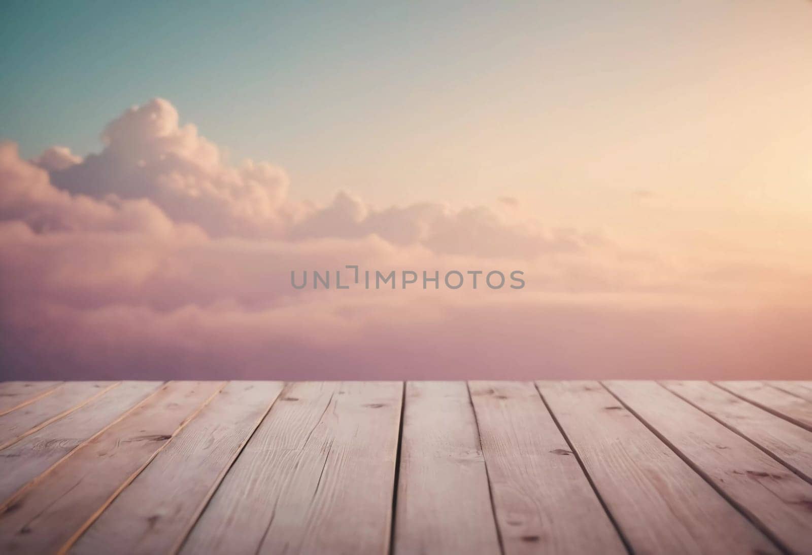 A tranquil wooden surface stretches across the foreground, illuminated by a pastel background of clouds bathed in soft sunset hues. The atmosphere exudes calm and warmth.