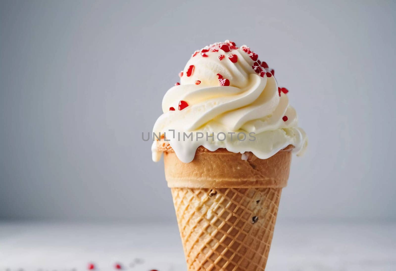 Savoring a delightful ice cream cornet filled with creamy vanilla, adorned with fluffy whipped cream and colorful sprinkles, perfect for a warm day.