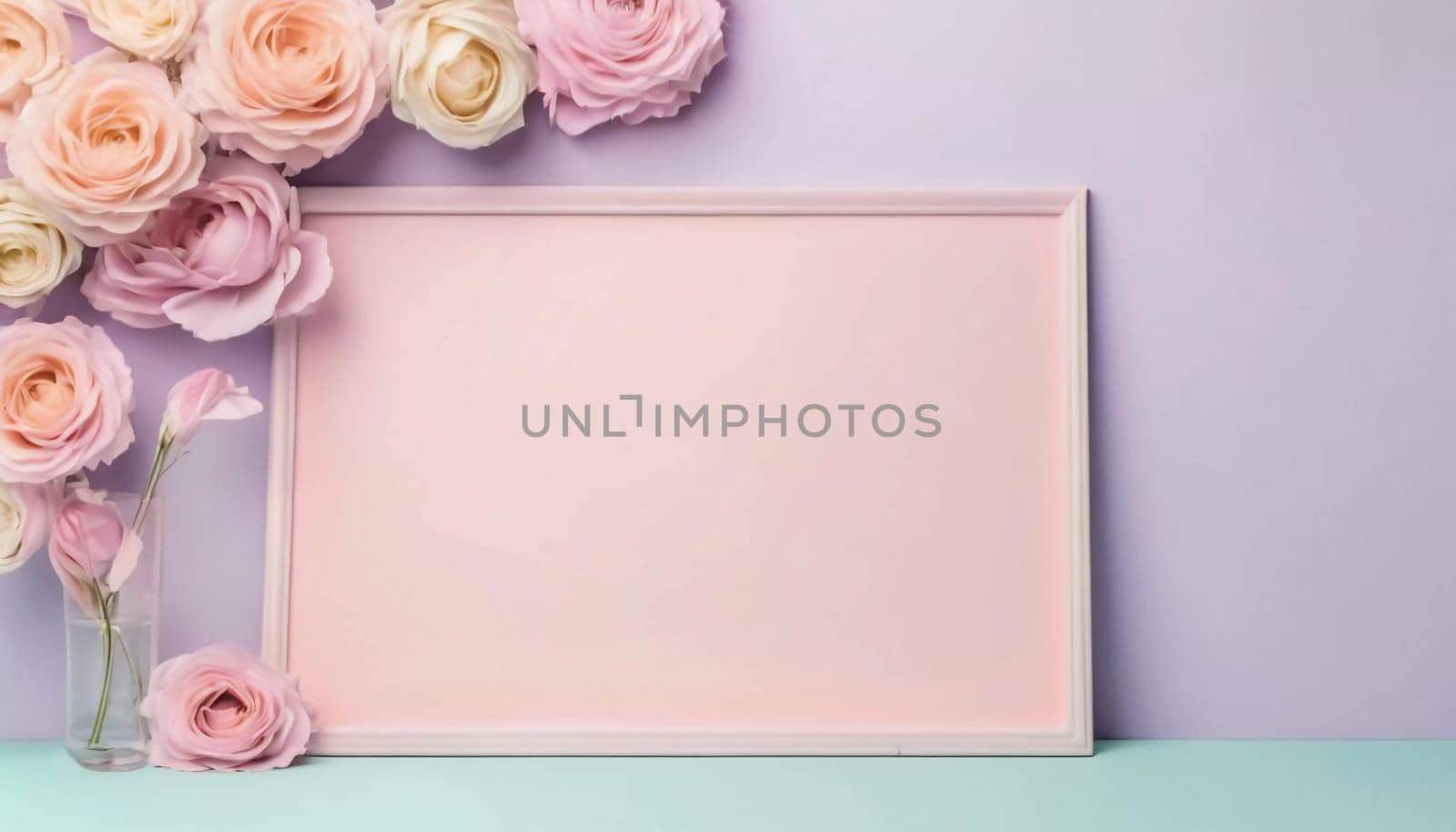 Delicate pastel roses frame a blank card in soft shades of pink, ideal for expressing emotions or sharing special moments at a romantic gathering or heartfelt celebration.