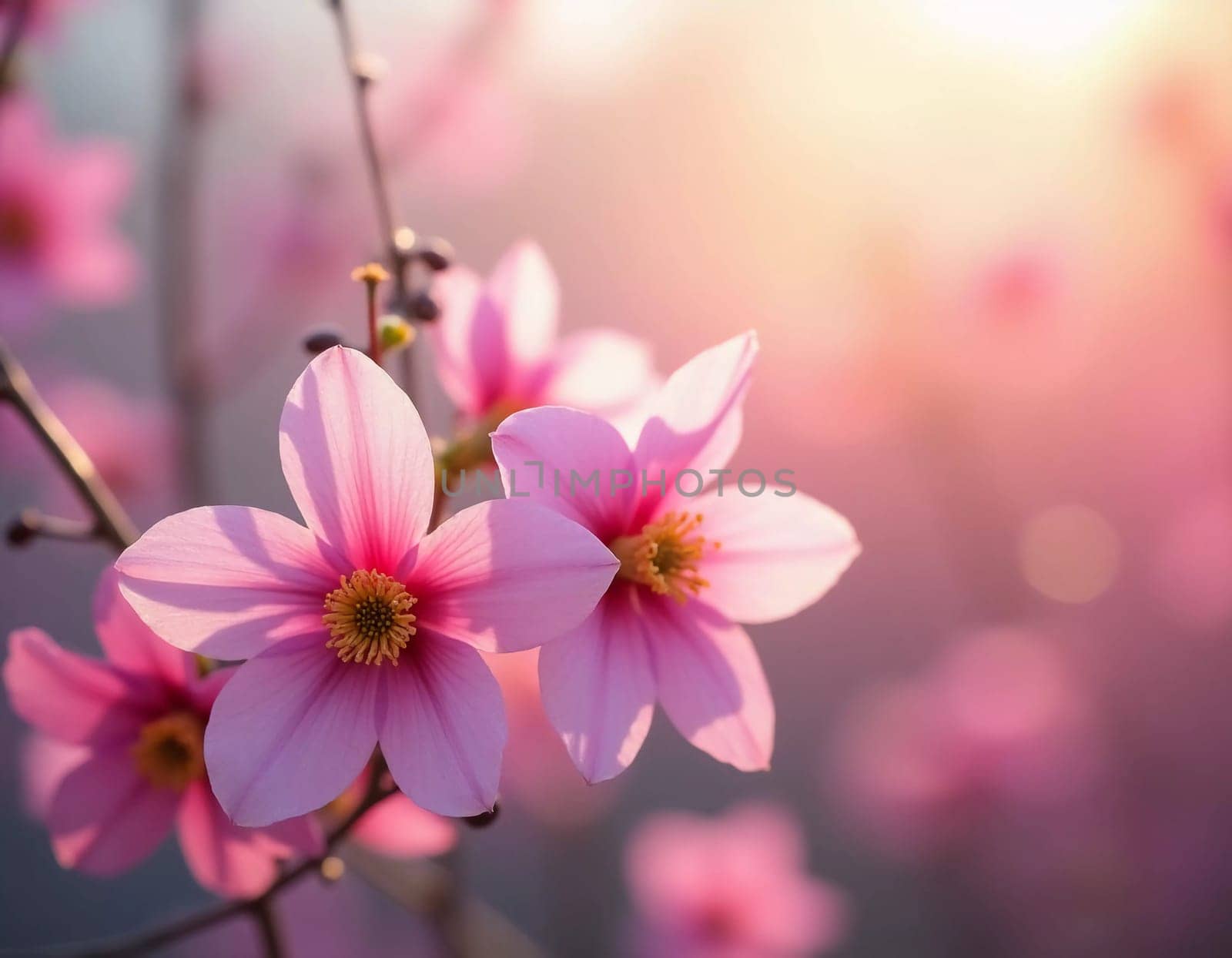 Soft pink flowers glisten gently as sunlight filters through, creating a serene backdrop of blurred pastel hues that evoke peace and beauty in nature.