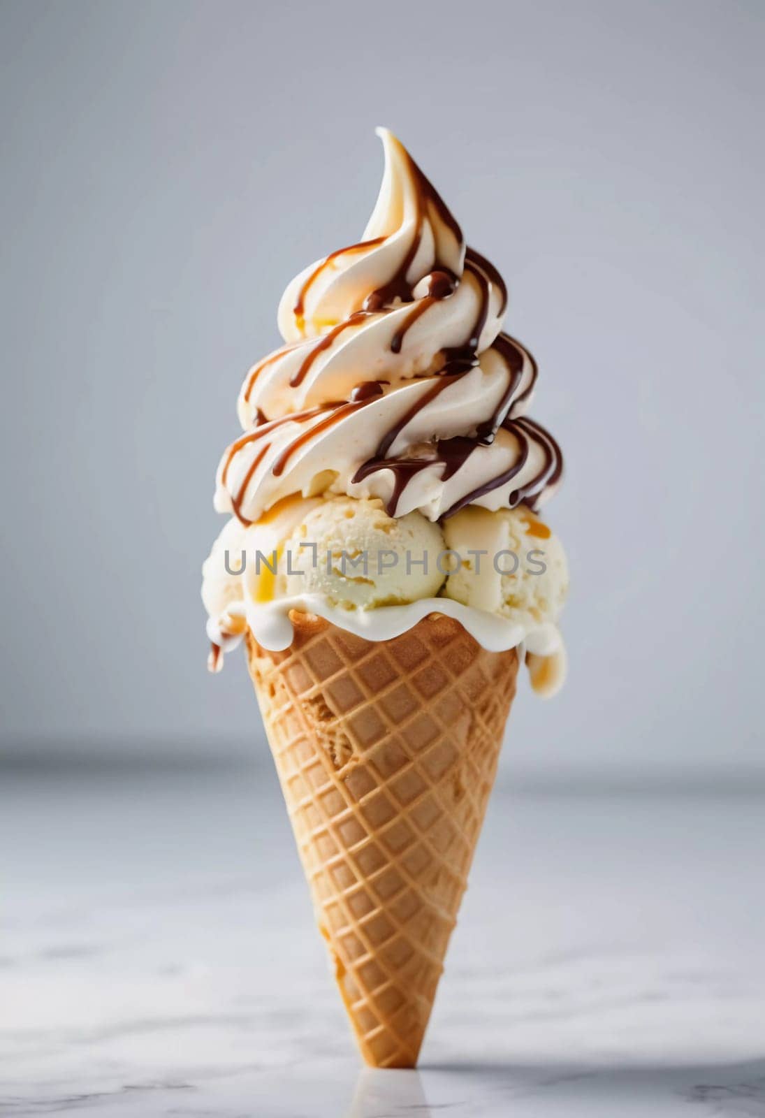 Indulging in a tempting ice cream cornet filled with creamy soft serve and drizzled with rich chocolate syrup, perfect for warm days and sweet cravings.