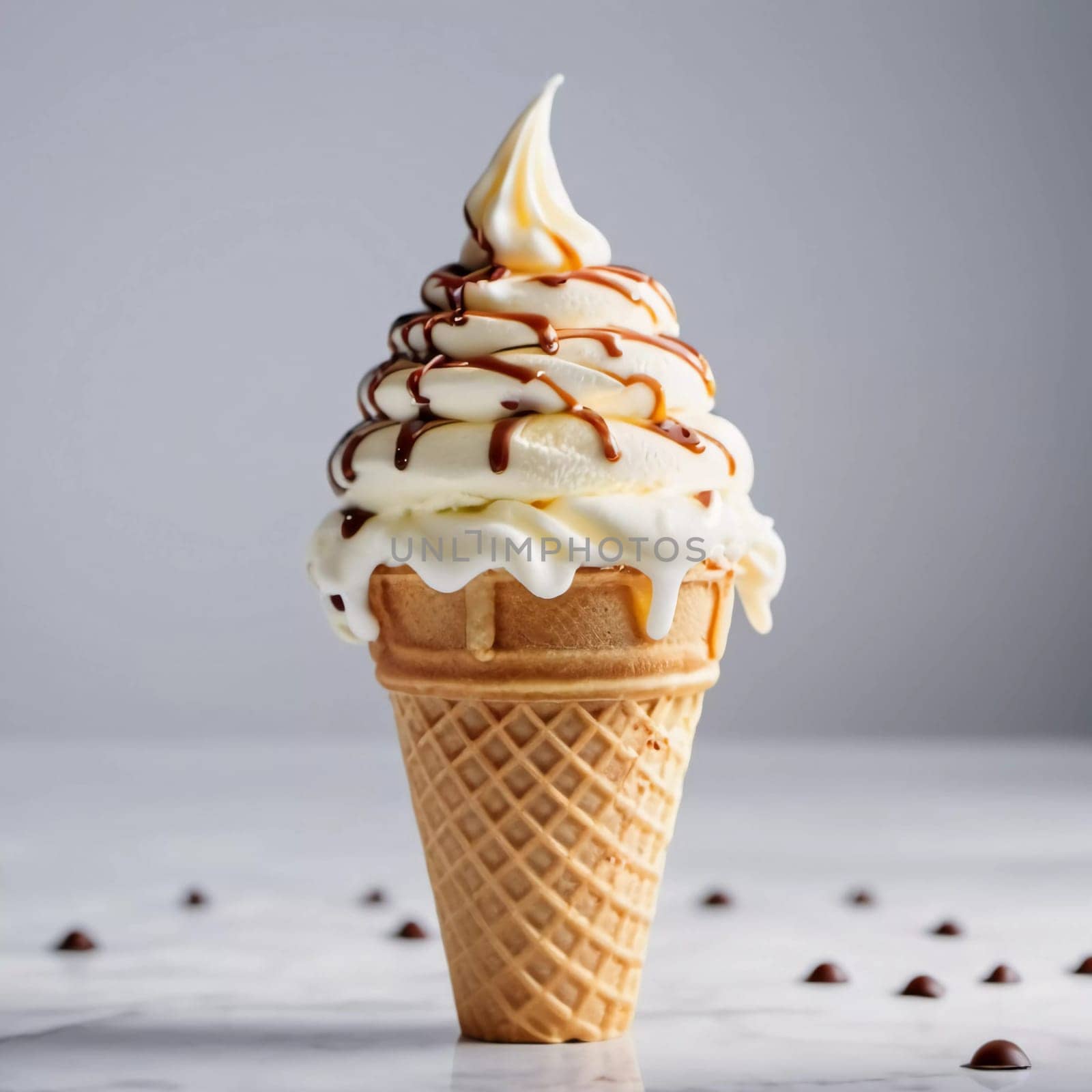 A creamy ice cream cornet towers high, swirled with soft serve and drizzled with rich caramel. Sweet treats glisten under warm sunlight, inviting indulgence and joy.