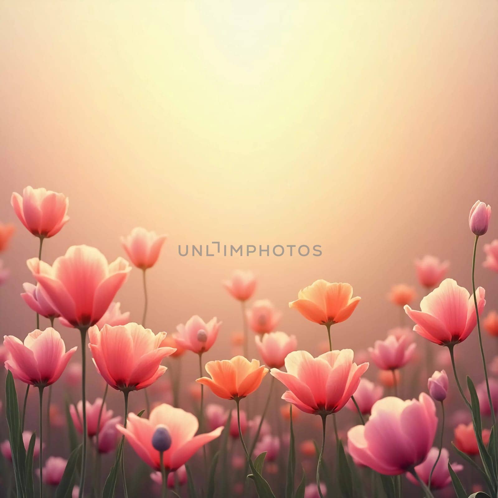 Delicate flowers fill the foreground, showcasing various shades of pink against a warm, blurred background. The gentle light creates a calming atmosphere perfect for quiet reflection.