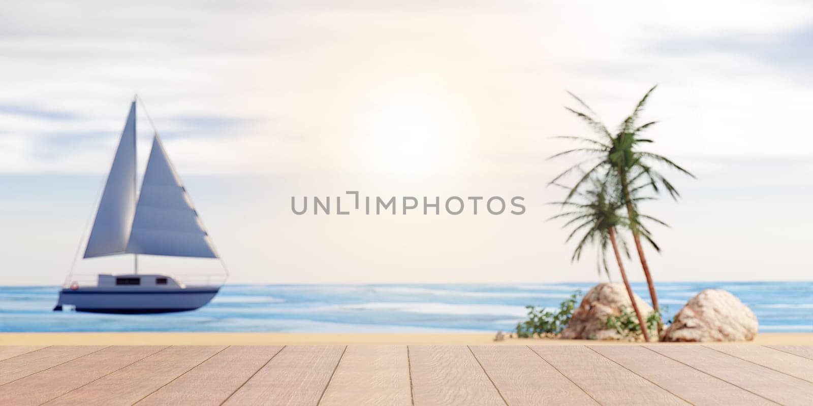 A picturesque view of a sailboat on tranquil waters framed by tropical palms, ideal for summer-themed projects.