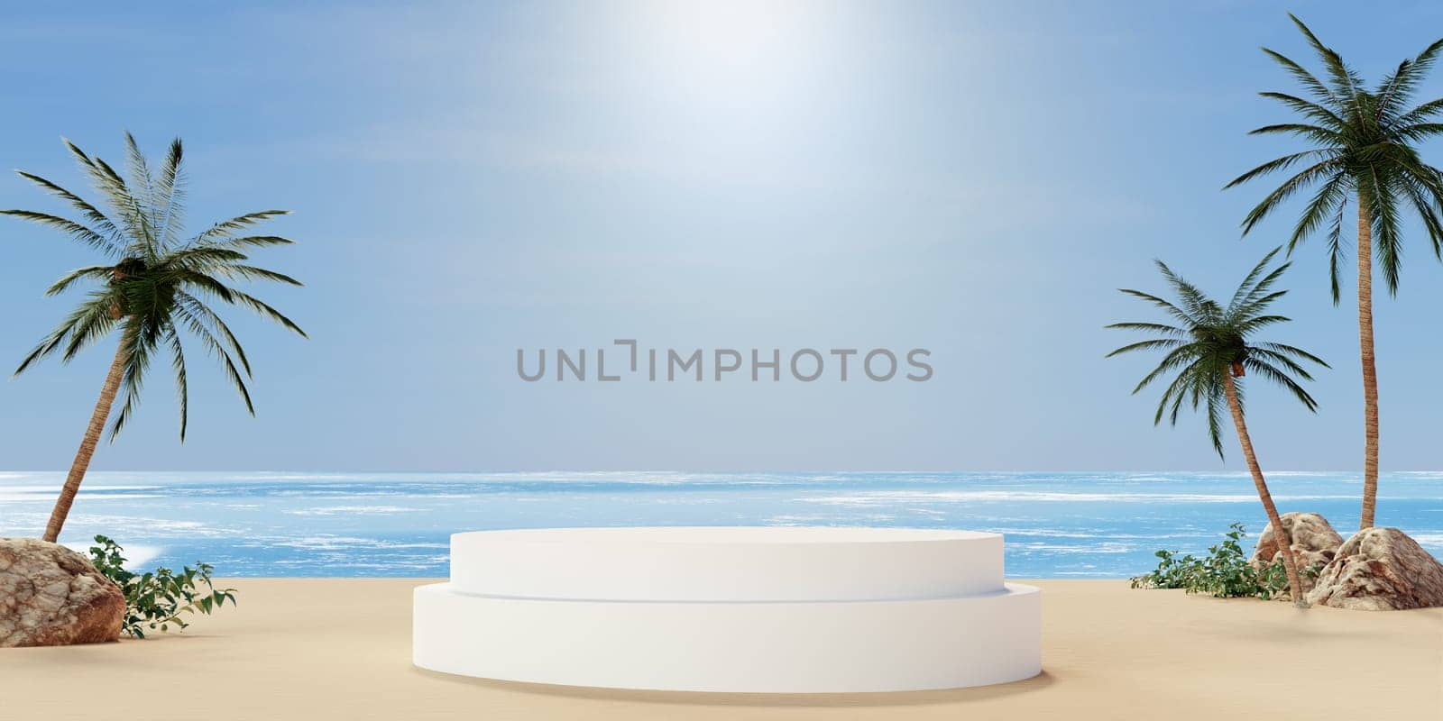 A bright and inviting beach display with a circular design, surrounded by palm trees, ideal for summer events and presentations.