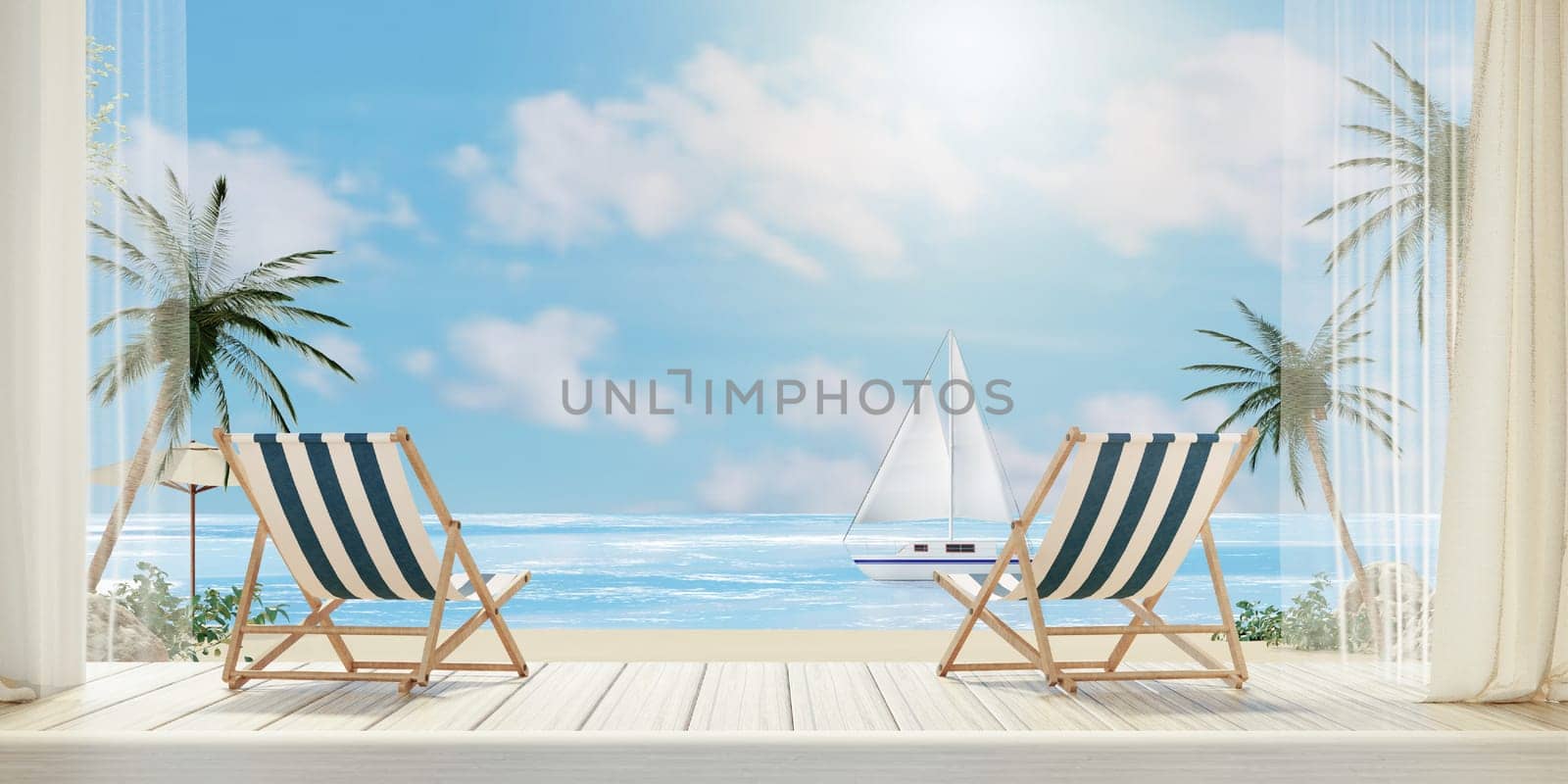A charming view featuring inviting beach chairs, palm trees, and an ocean horizon, ideal for summer graphics.