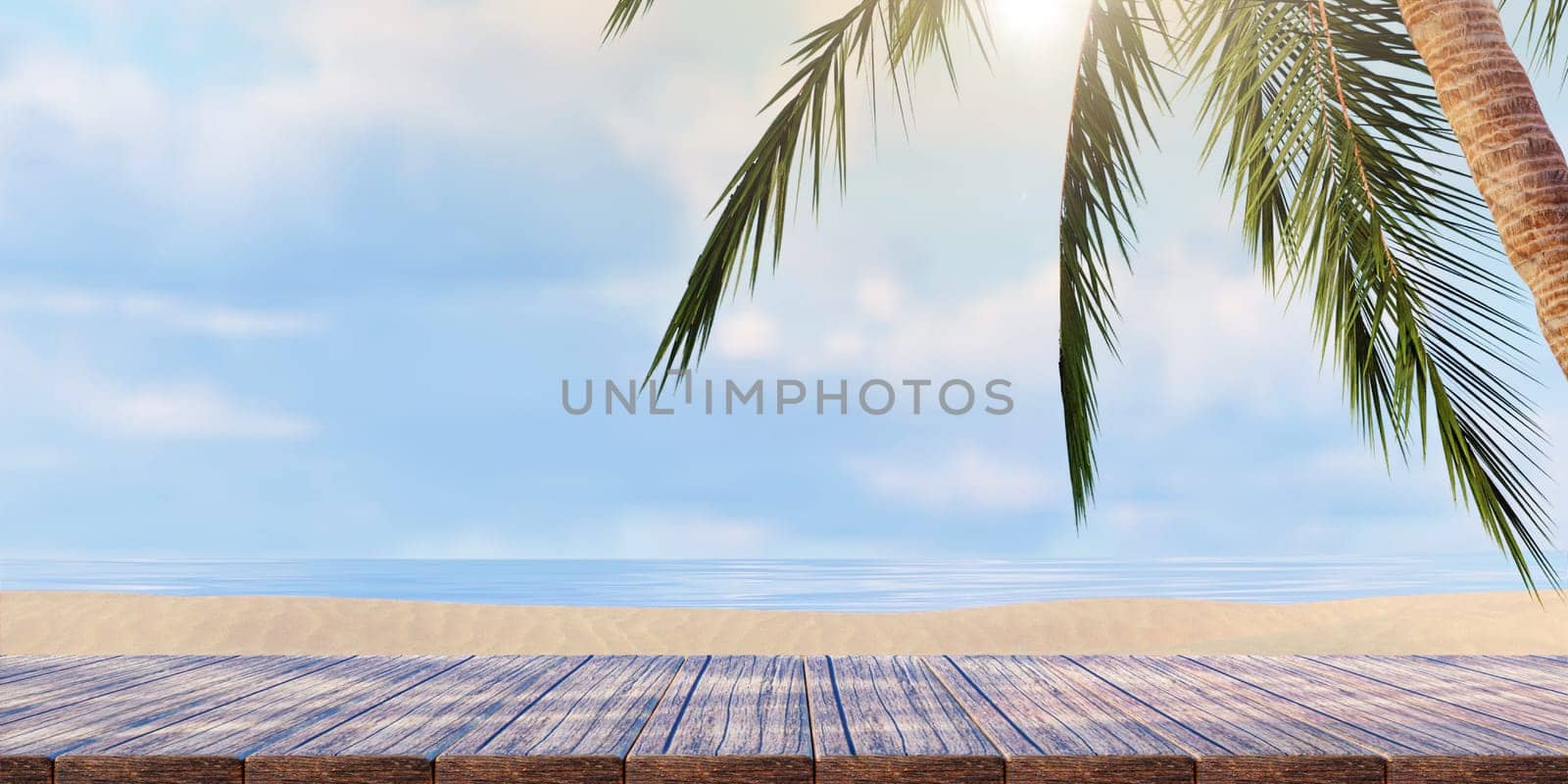 A vibrant tropical beach scene featuring palm trees and a wooden deck, ideal for summer-themed designs and presentations.