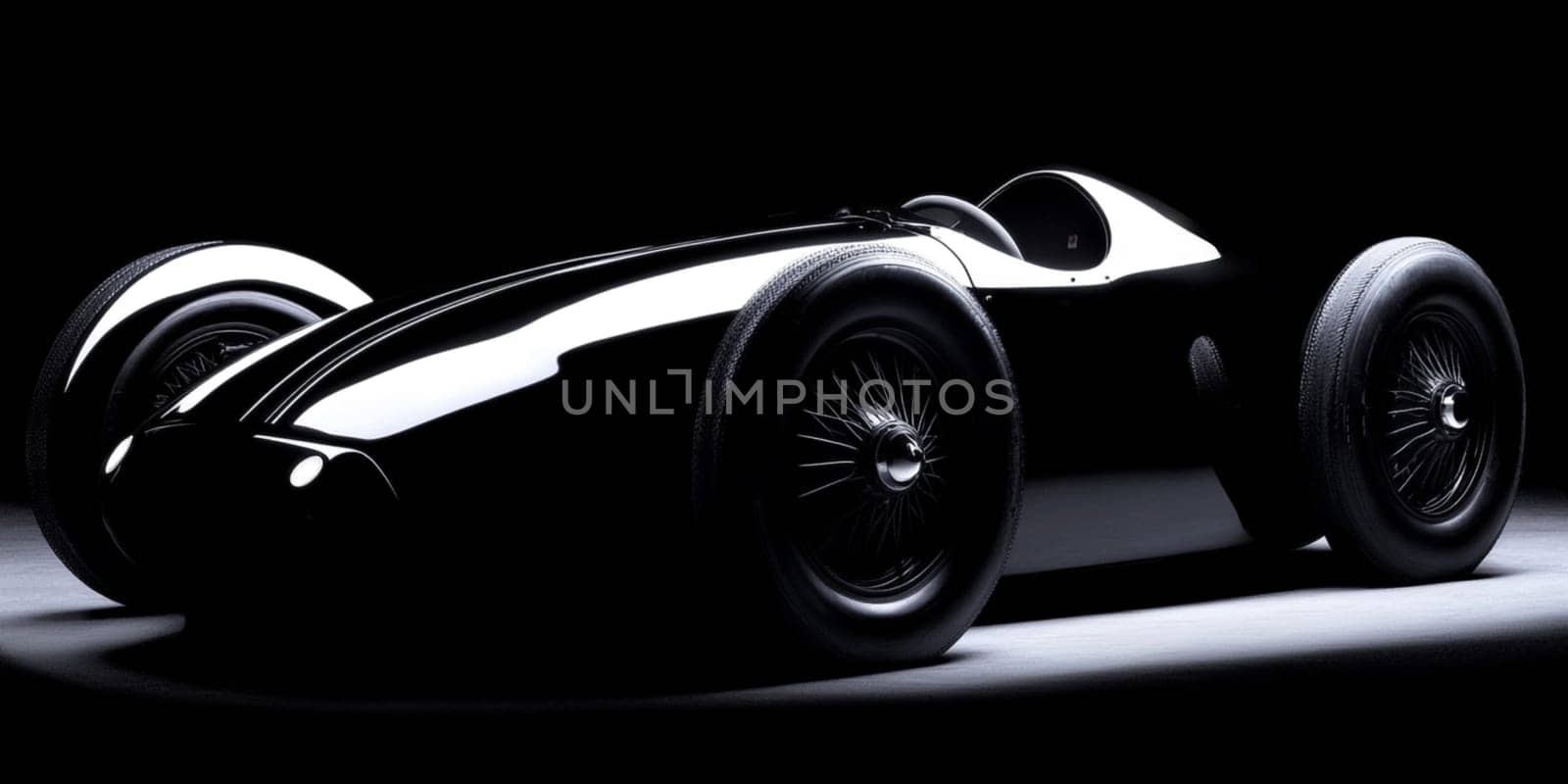 Sleek black vintage race car with white wall tires is elegantly showcased in a dark setting. Illuminated by dramatic lighting