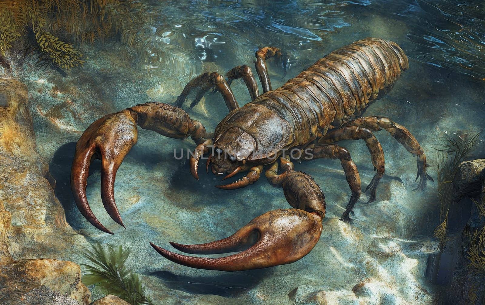 A Brontoscorpio emerges from the murky depths, its massive, armored form breaking the surface of the water, projecting an aura of primordial power and mystery.