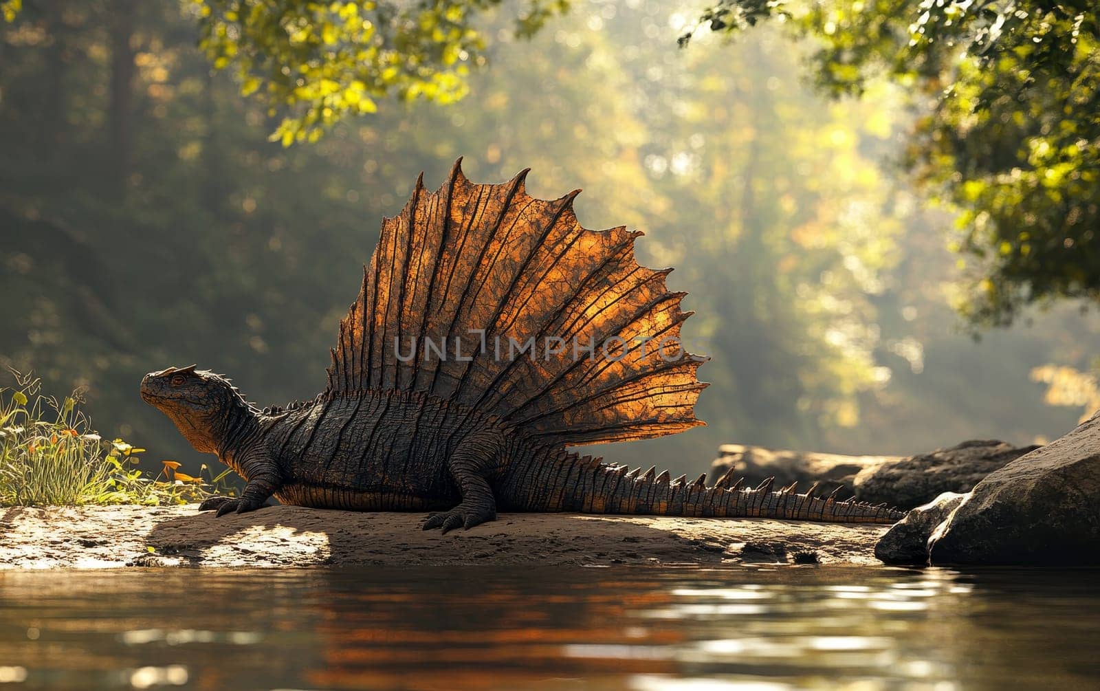 A Dimetrodon reptile emerging from the lush, overgrown vegetation on the edge of a serene lake, its impressive form silhouetted against the dramatic cloudy sky.