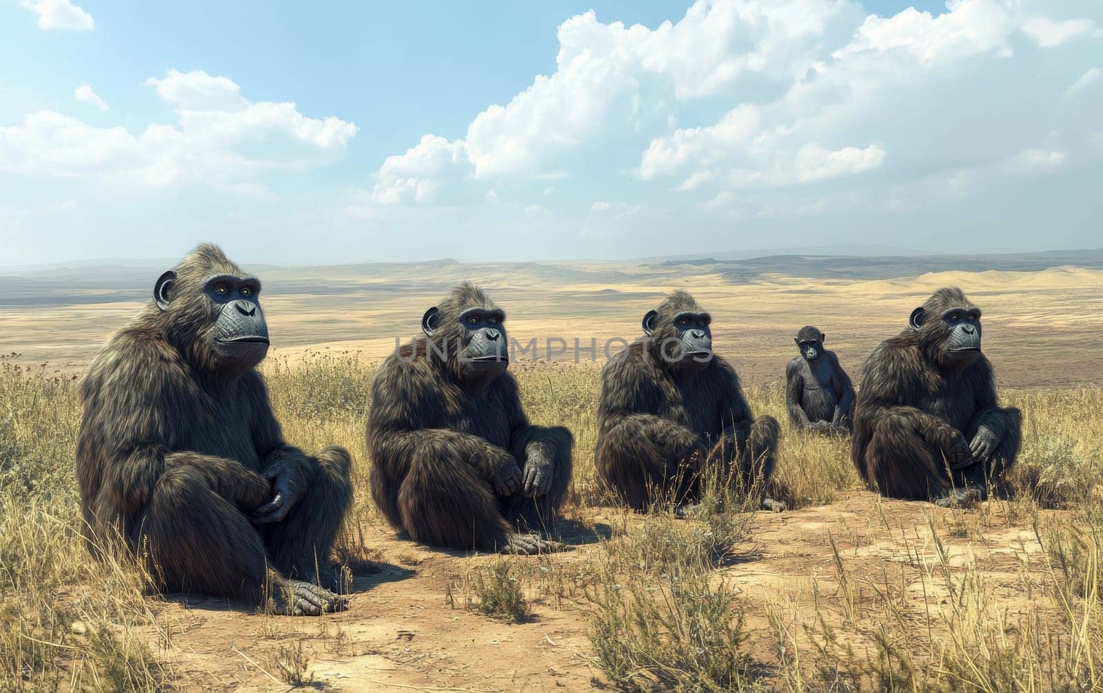 A group of elderly, weathered primate creatures sit together atop a small rise, their wizened expressions conveying a sense of wisdom and authority as they survey the vast, sweeping savanna landscape.