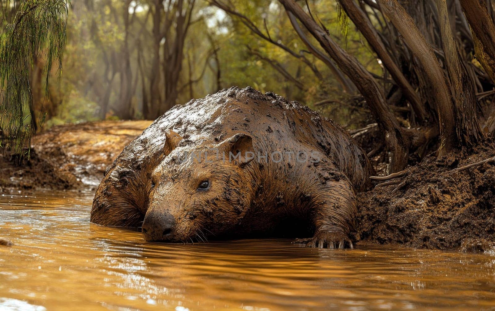 A large, prehistoric marsupial wallows in muddy water within a sunlit woodland, showcasing the behavior and habitat of this ancient Australian megafauna.