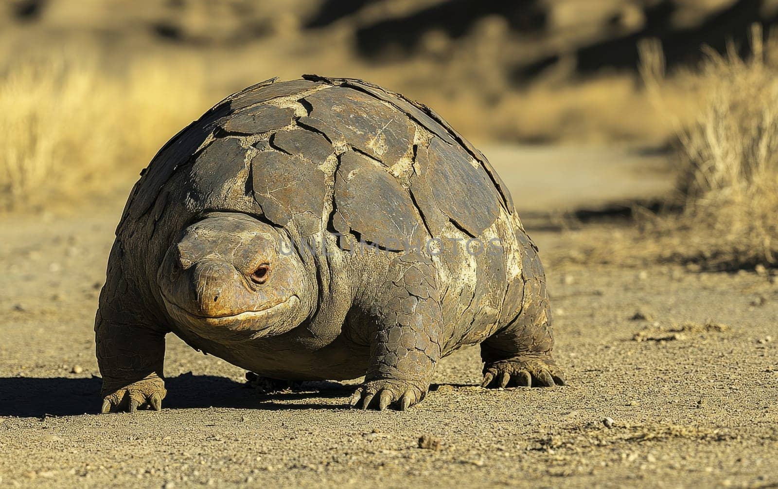 Detailed view of an ancient armored creature with scaly skin and small eye, showcasing its unique physical adaptations in a sun-drenched desert environment.